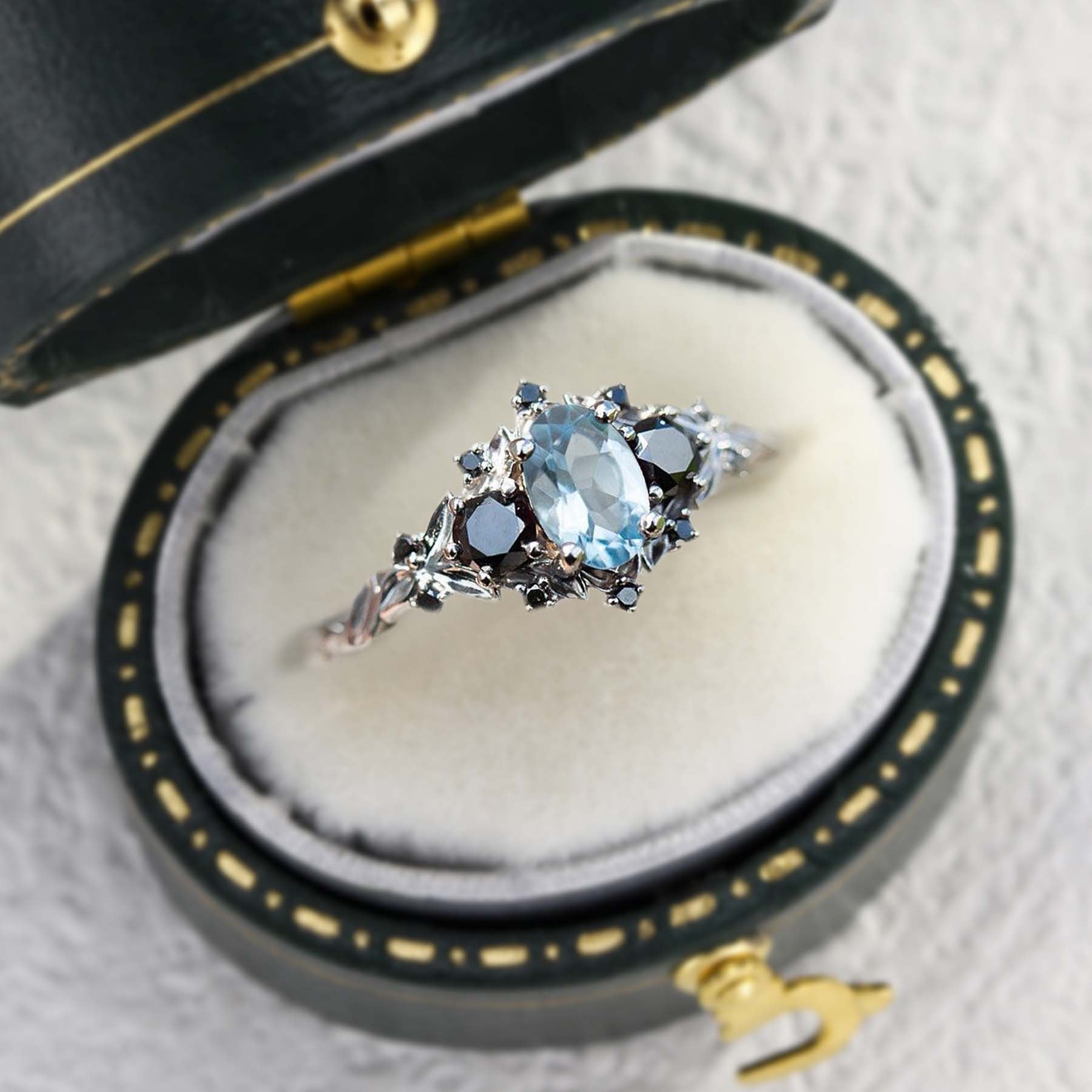 Unique Briar Rose Three Stone Oval Lab Aquamarine and Black Moissanite Ring - Oore Jewelry
