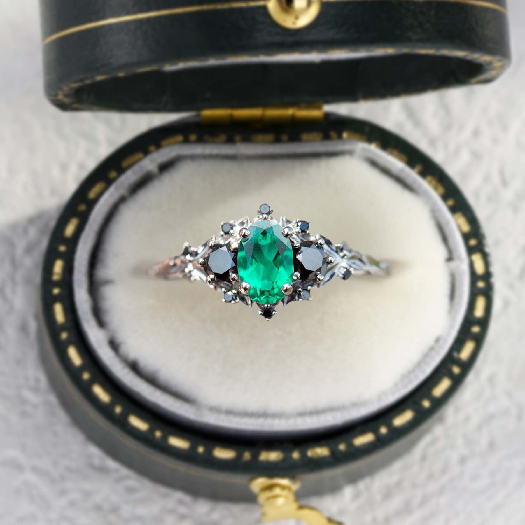 Unique Briar Rose Three Stone Oval Lab Emerald and Black Moissanite Ring - Oore Jewelry