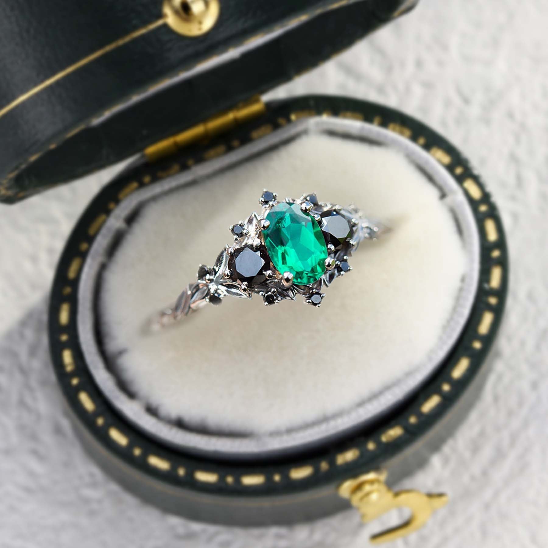 Unique Briar Rose Three Stone Oval Lab Emerald and Black Moissanite Ring - Oore Jewelry