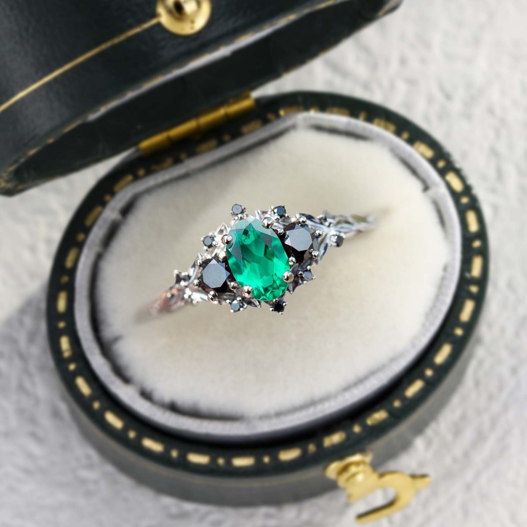 Unique Briar Rose Three Stone Oval Lab Emerald and Black Moissanite Ring - Oore Jewelry