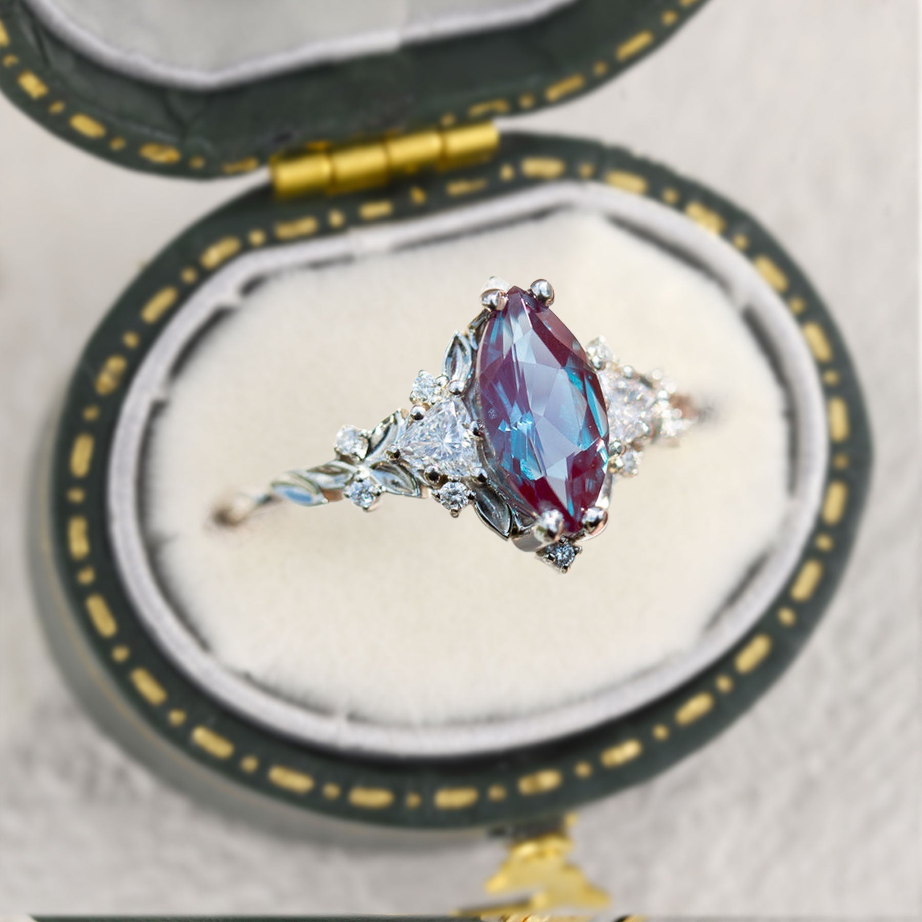Unique Briar Rose Three Stone Marquise Lab Alexandrite Ring - Oore Jewelry