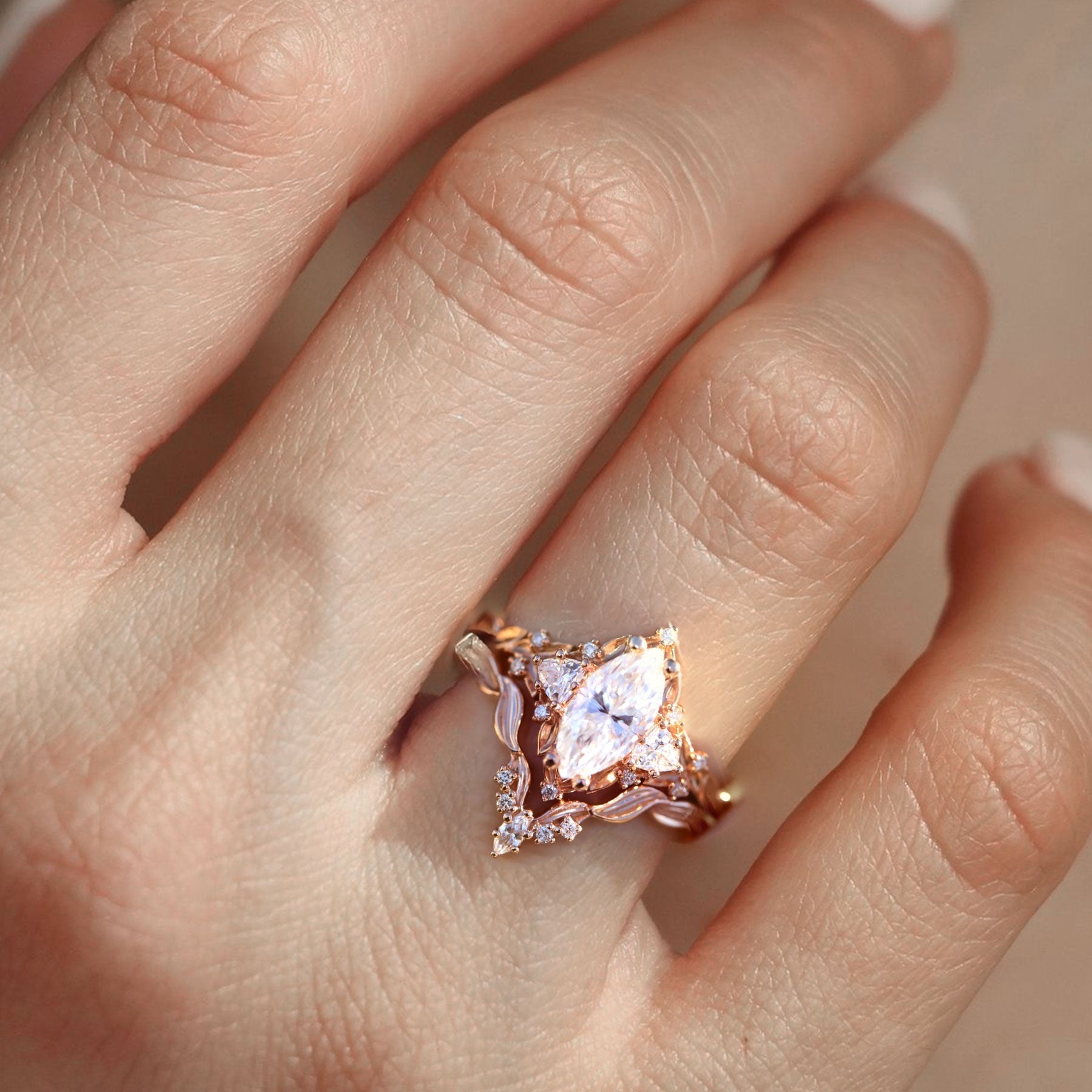 Unique floral engagement rings Marquise Moissanite Wedding Band - Oore Jewelry