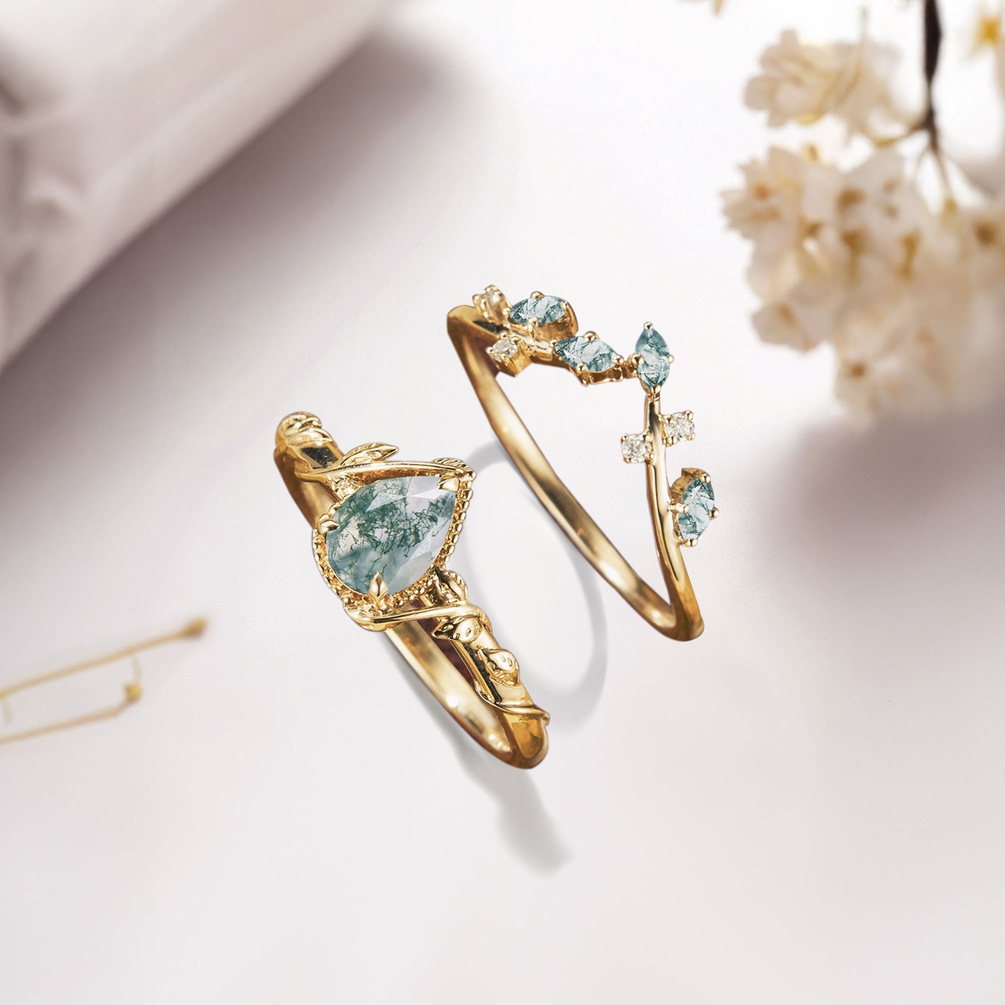 Unique Pear Moss Agate Bridal Ring Set Leaf Ring Set - Oore Jewelry