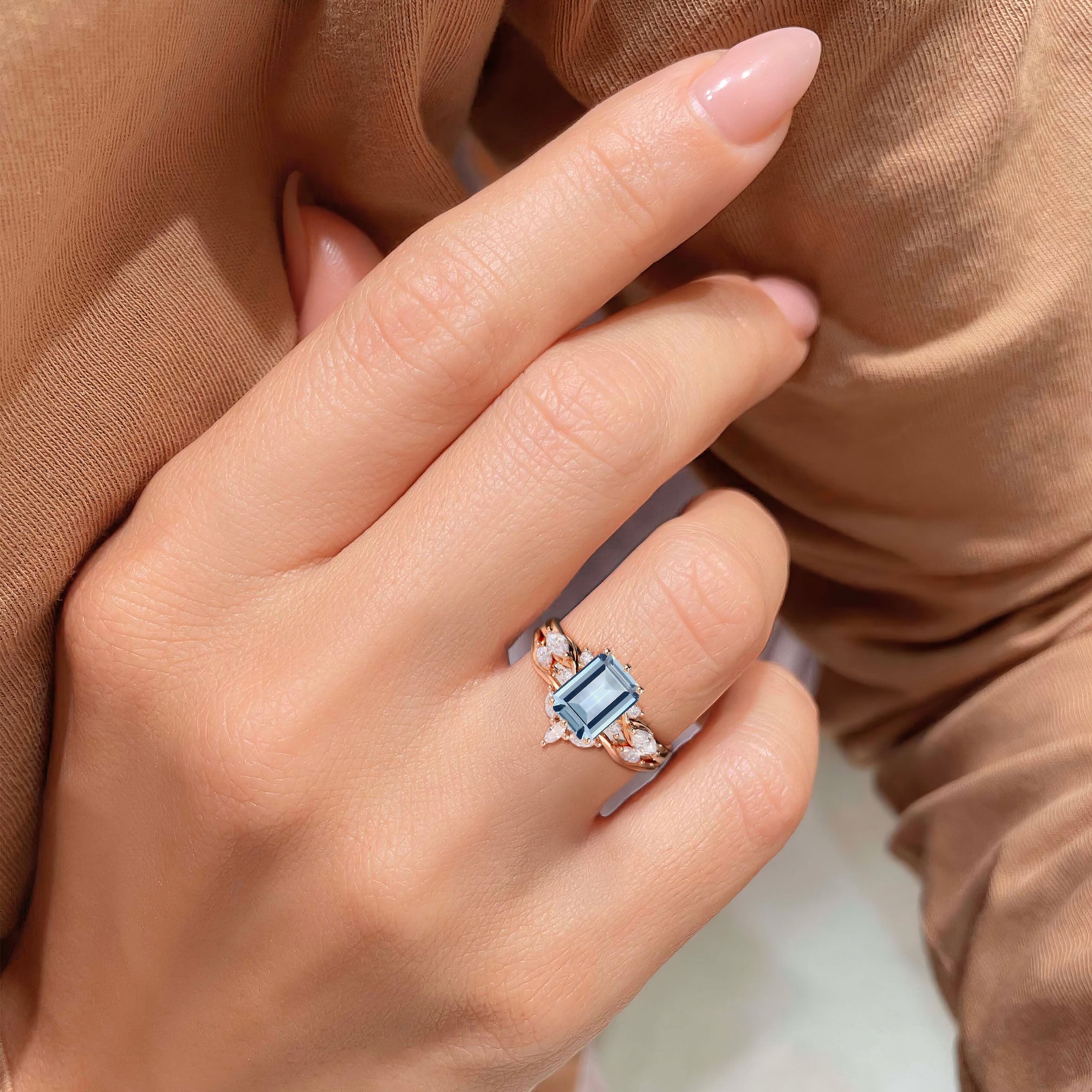 Unique Emerald Shaped Lab Aquamarine Wedding Ring Set Bridal Ring Set - Oore Jewelry