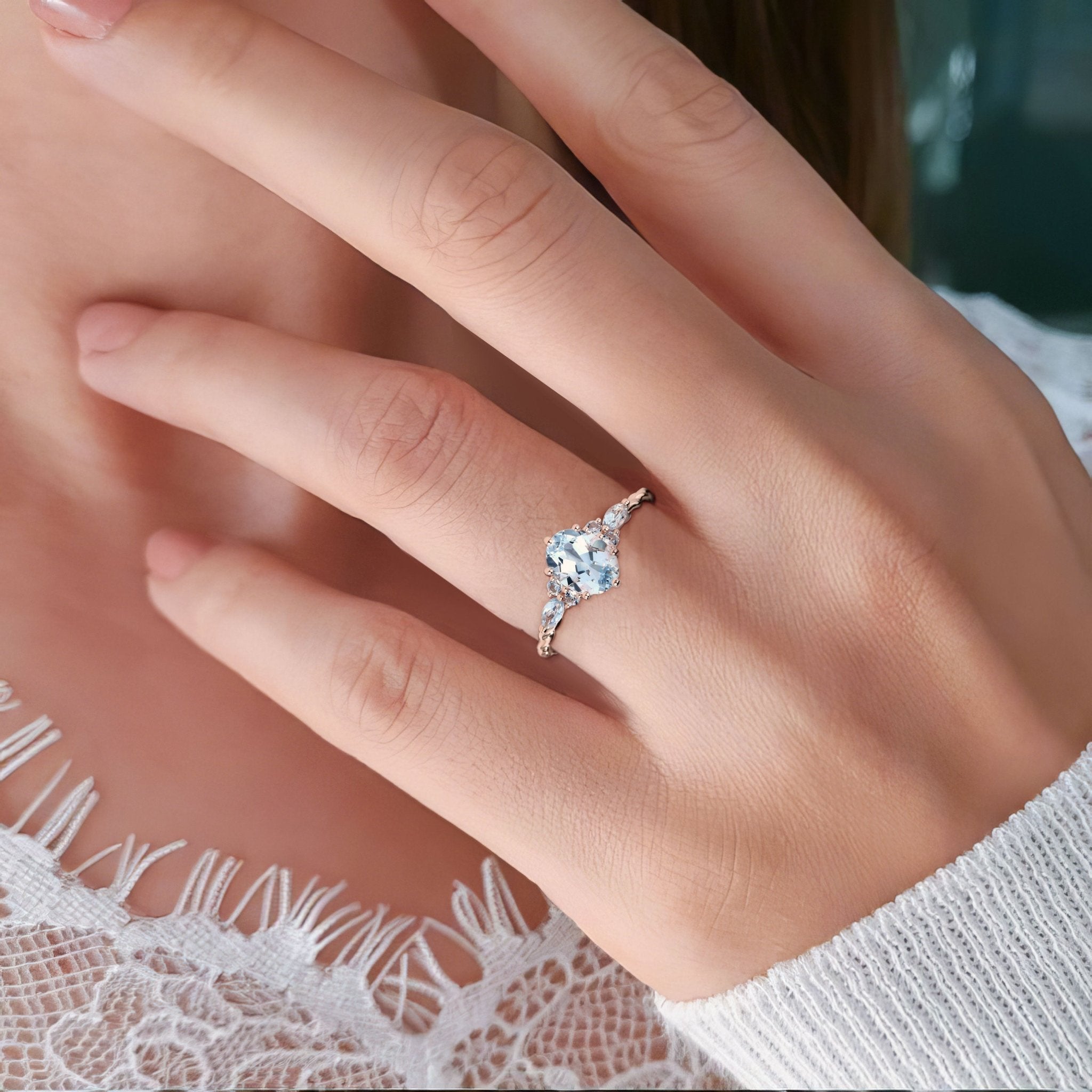 Vintage Oval Lab Aquamarine Twisted Engagement Ring for Women - Oore Jewelry