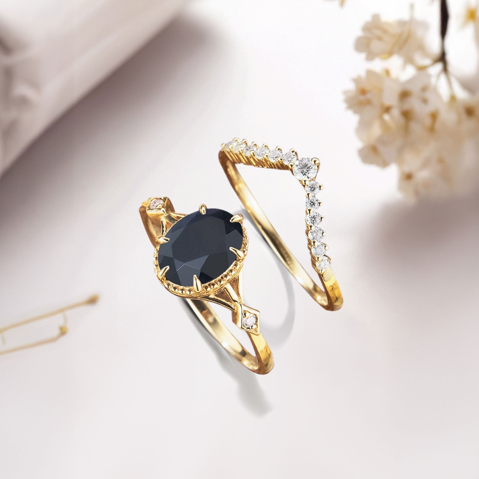 Vintage Oval Black Onyx and Moissanite Bridal Set - Oore Jewelry