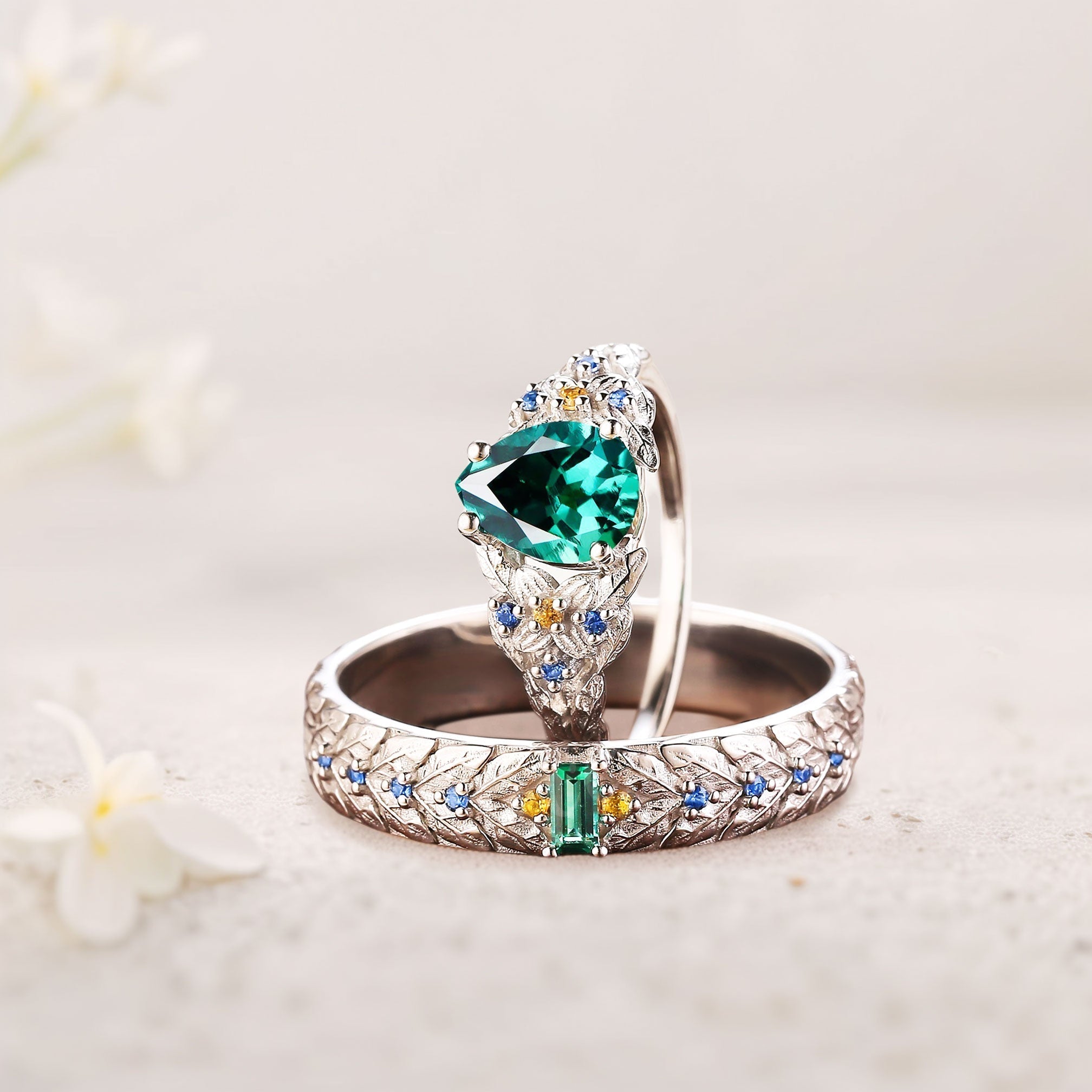 Unique Pear Lab Emerald His and Hers Matching Wedding Ring Set - Oore Jewelry
