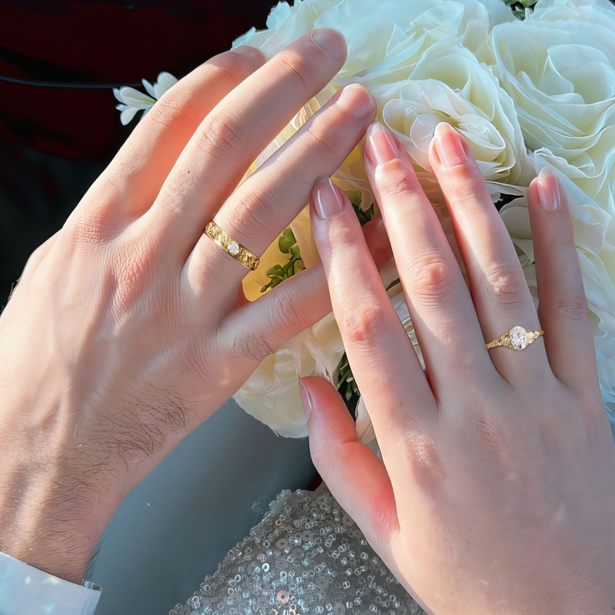 Unique Leaf Design Oval Moissanite Wedding Ring Promise Ring for Couples - Oore Jewelry
