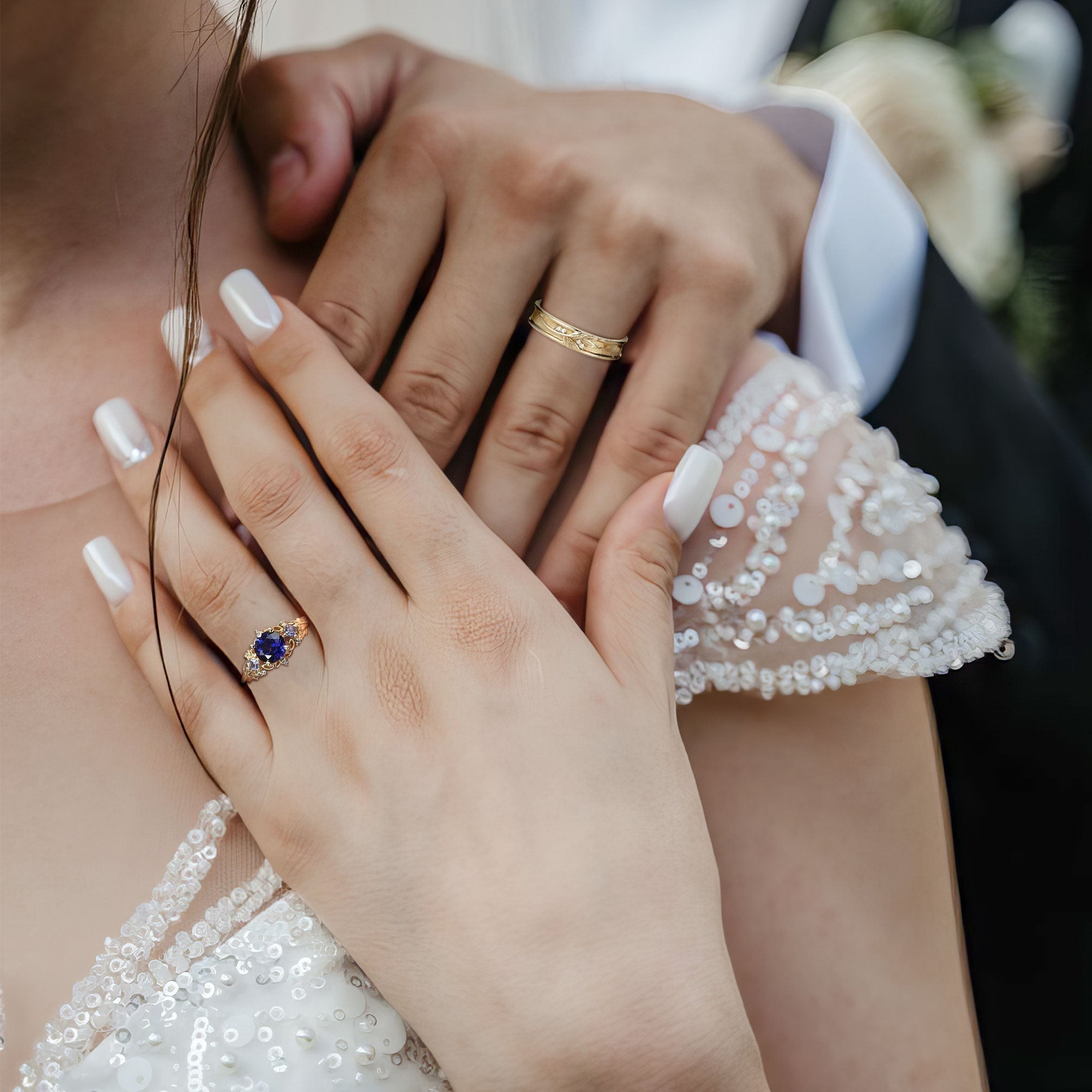 Unique Round Lab Sapphire Promise Ring Engagement Ring Set for Couples - Oore Jewelry