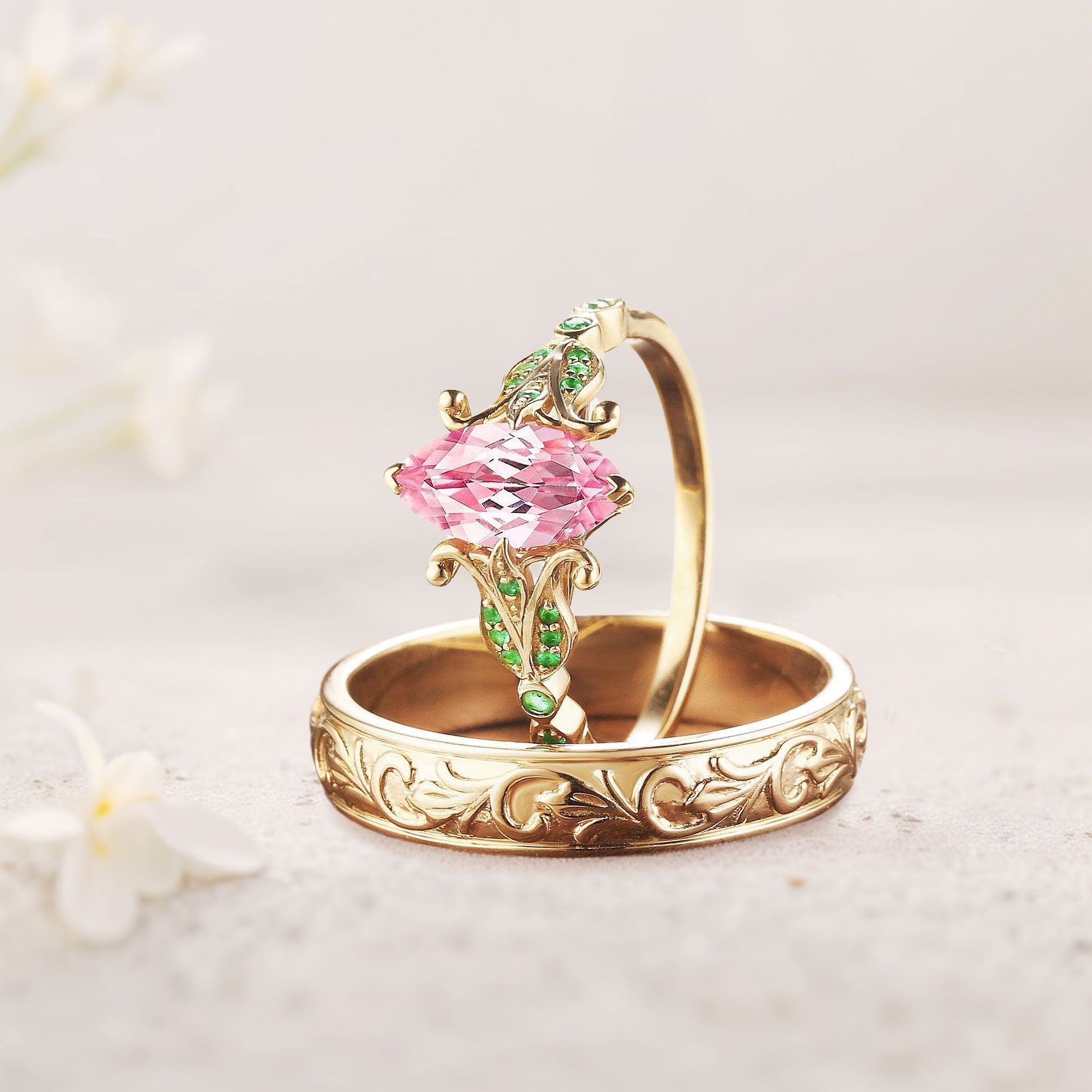 Vintage Marquise Lab Padparadscha Couple Promise Engagement Ring Set - Oore Jewelry
