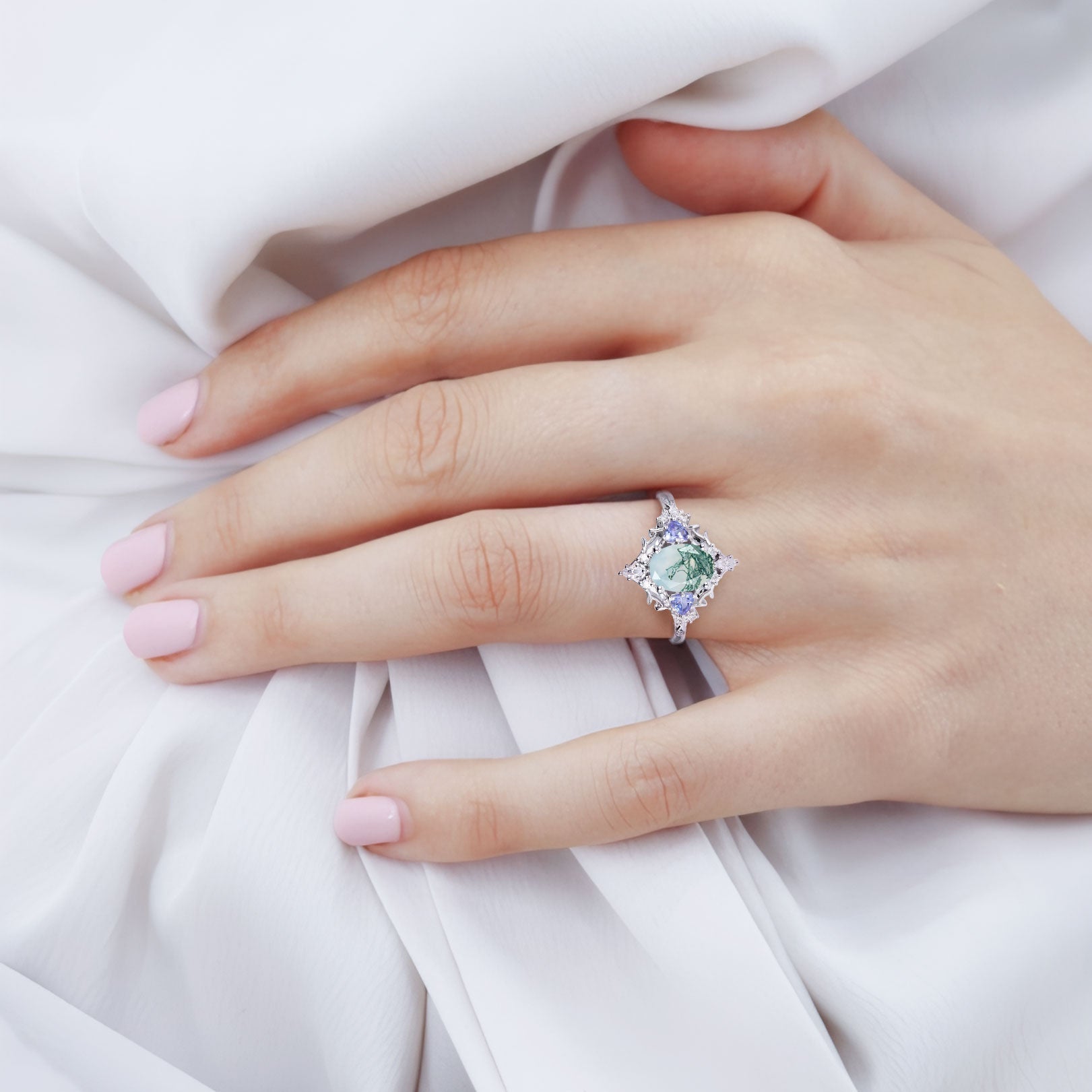 Vintage Briar Rose Oval Moss Agate Engagement Ring Filigree Ring - Oore Jewelry