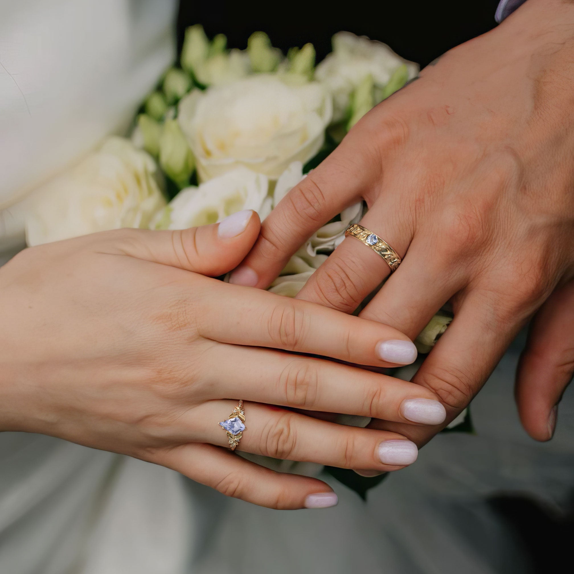 Unique Kite Lab Sapphire Promise Engagement Ring Wedding Ring Set For Couples - Oore Jewelry