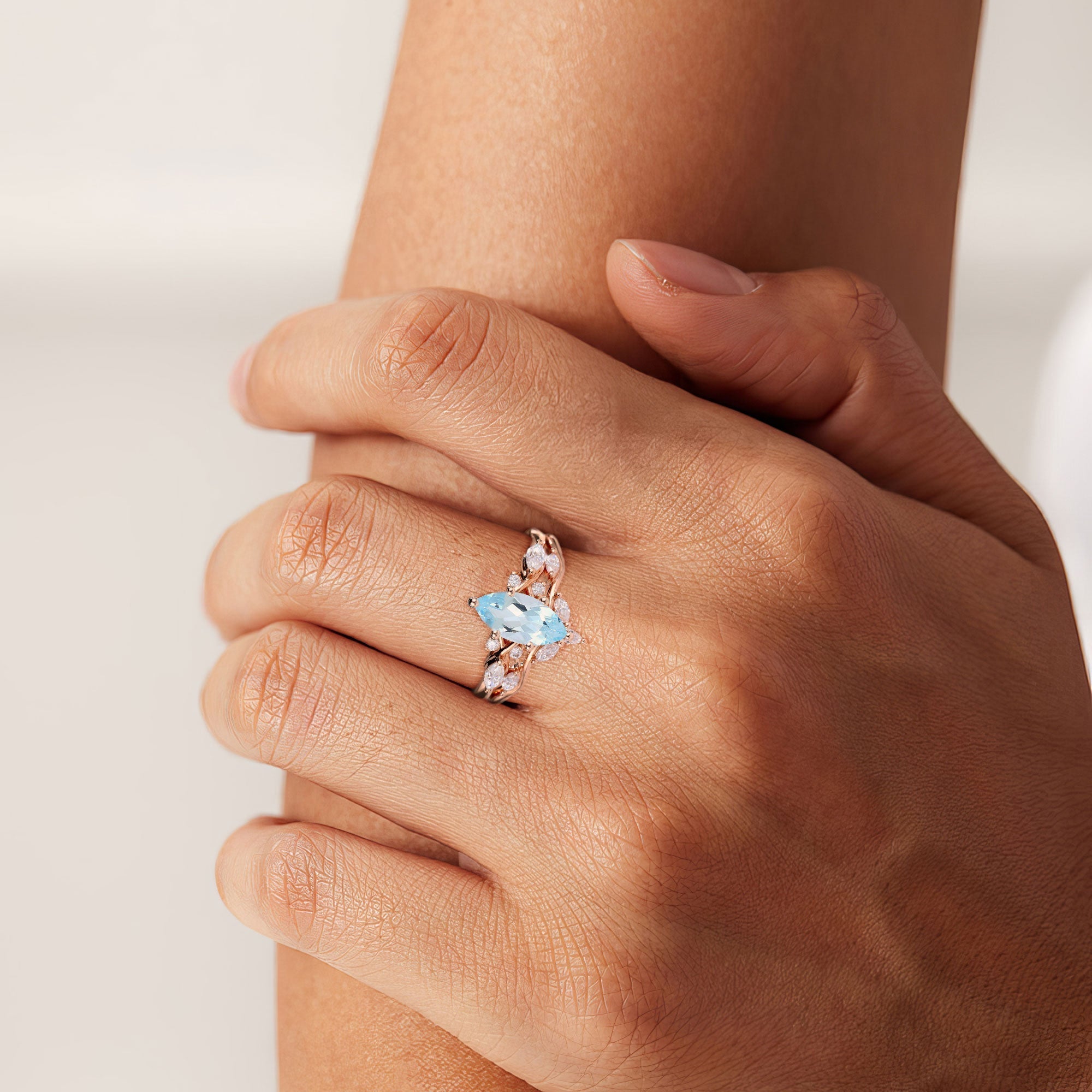 Unique Marquise Lab Aquamarine and Moissanite Wedding Ring Set Bridal Ring Set - Oore Jewelry