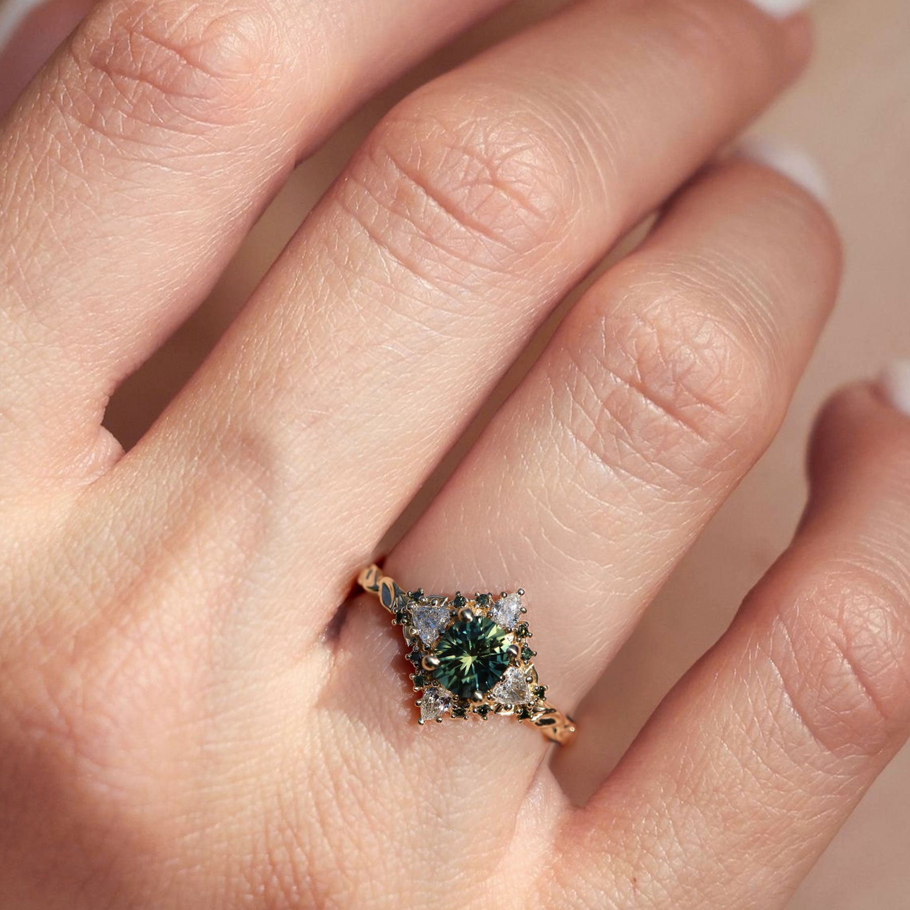 Unique floral engagement rings Enchanted Briar Round Teal Moissanite Ring - Oore Jewelry