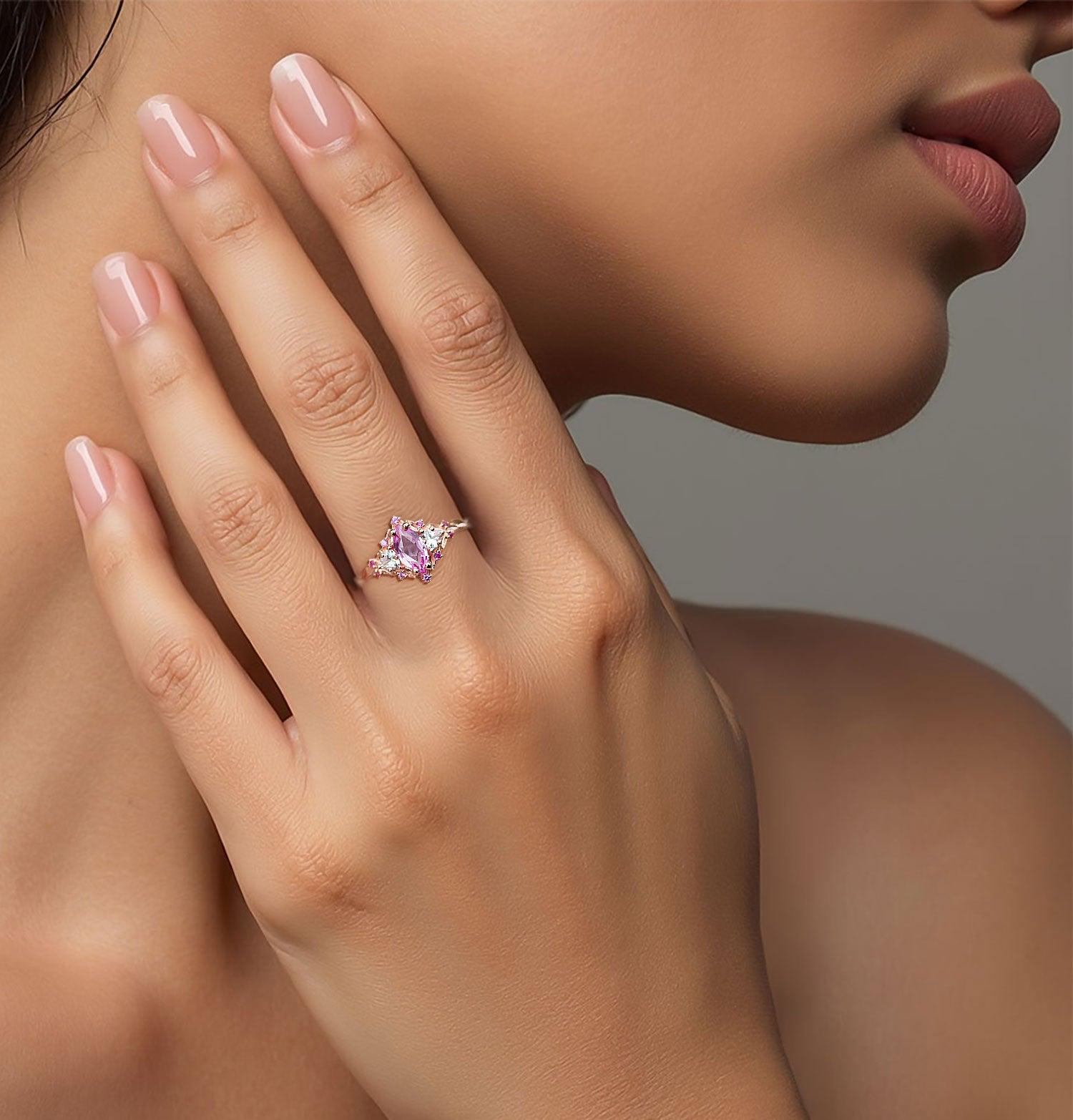 Unique Briar Rose Three Stone Marquise Pink Lab Padparadscha Ring- Oore Jewelry