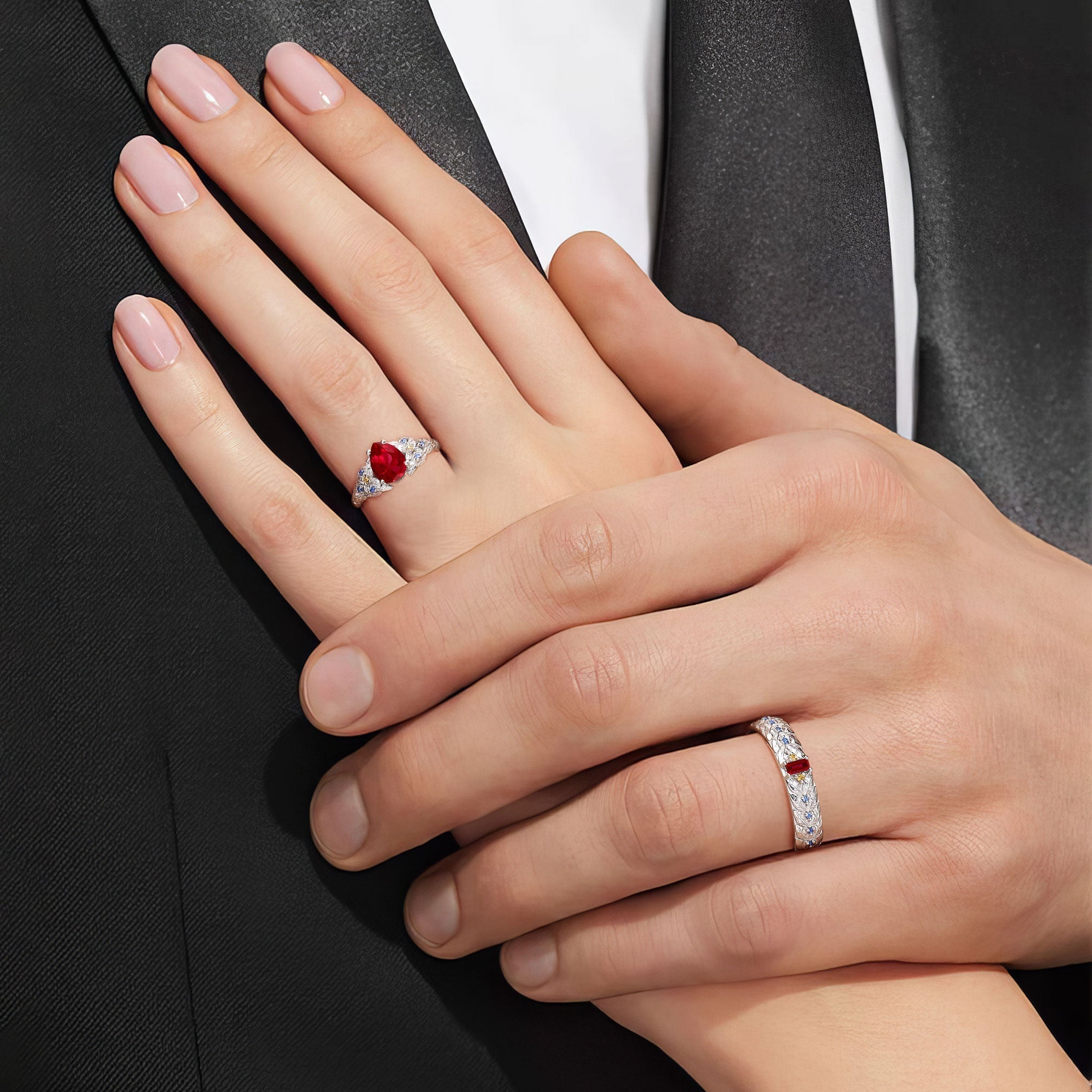 Unique Pear Lab Ruby His and Hers Matching Wedding Ring Set - Oore Jewelry