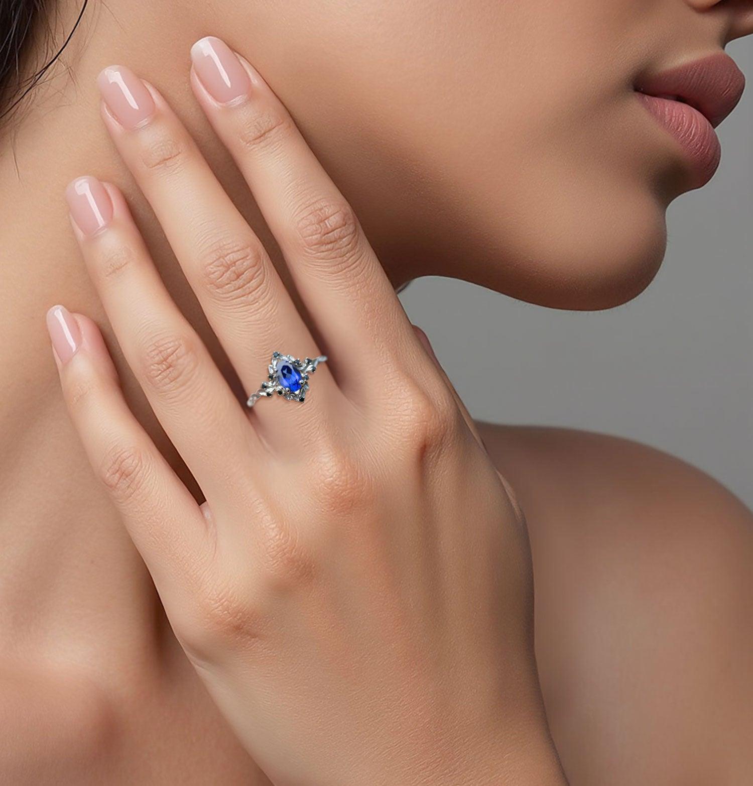 Unique Briar Rose Oval Lab Sapphire and Black Moissanite Ring - Oore Jewelry