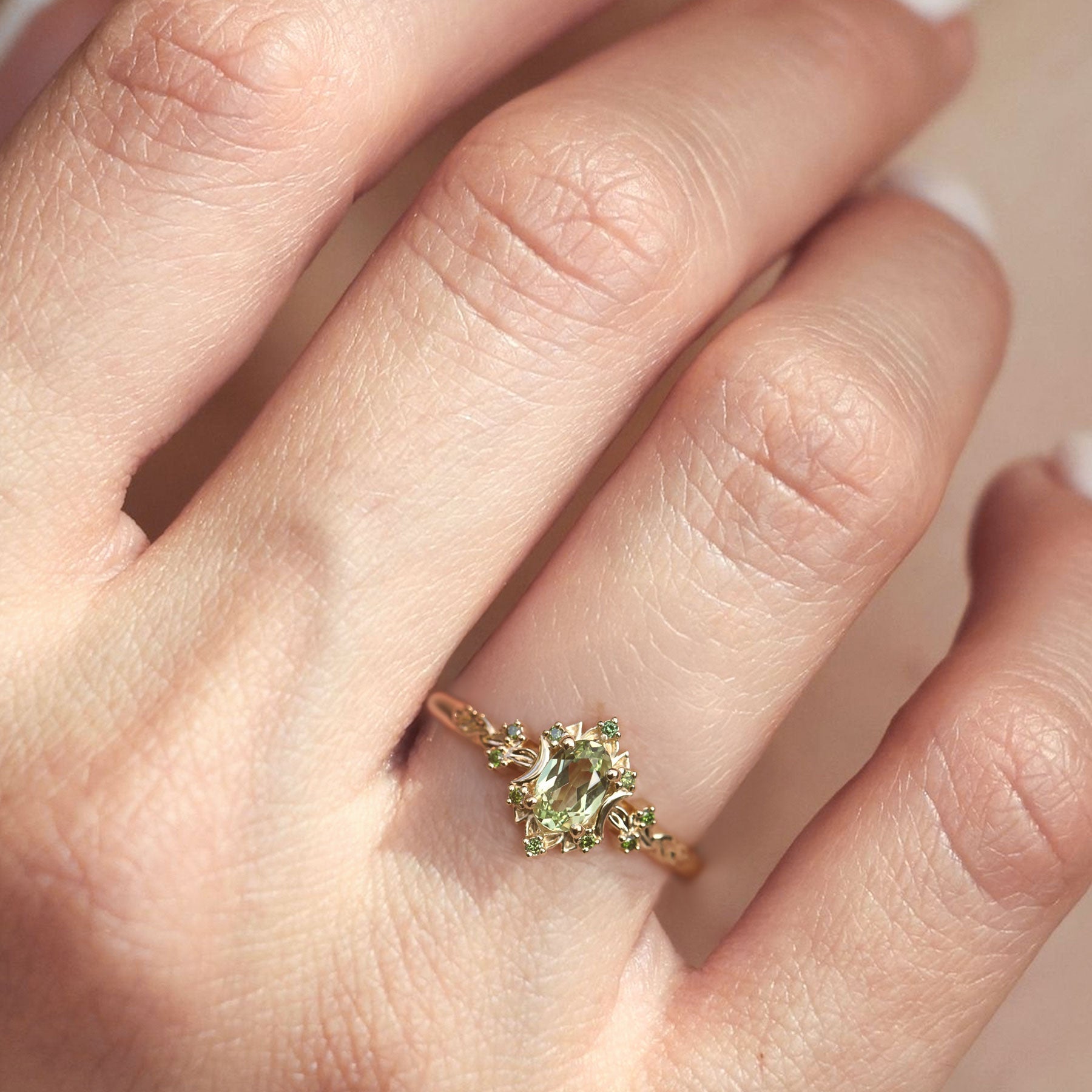 Unique Briar Rose Halo Moon Oval Green Lab Sapphire Ring - Oore Jewelry