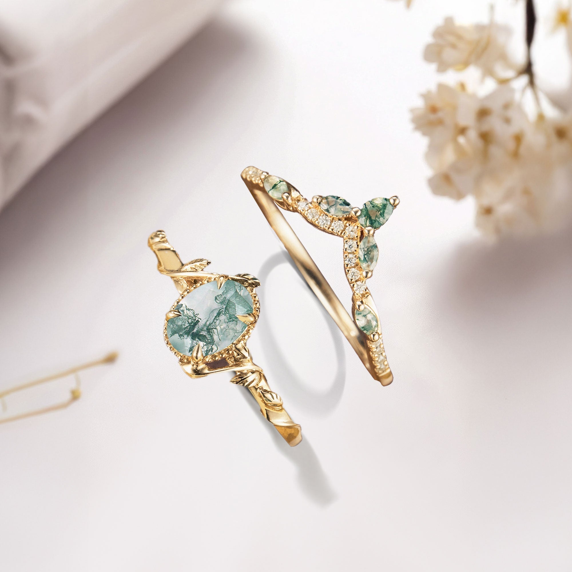 Unique Oval Moss Agate Twig Wedding Ring Set Bridal Ring Set - Oore Jewelry