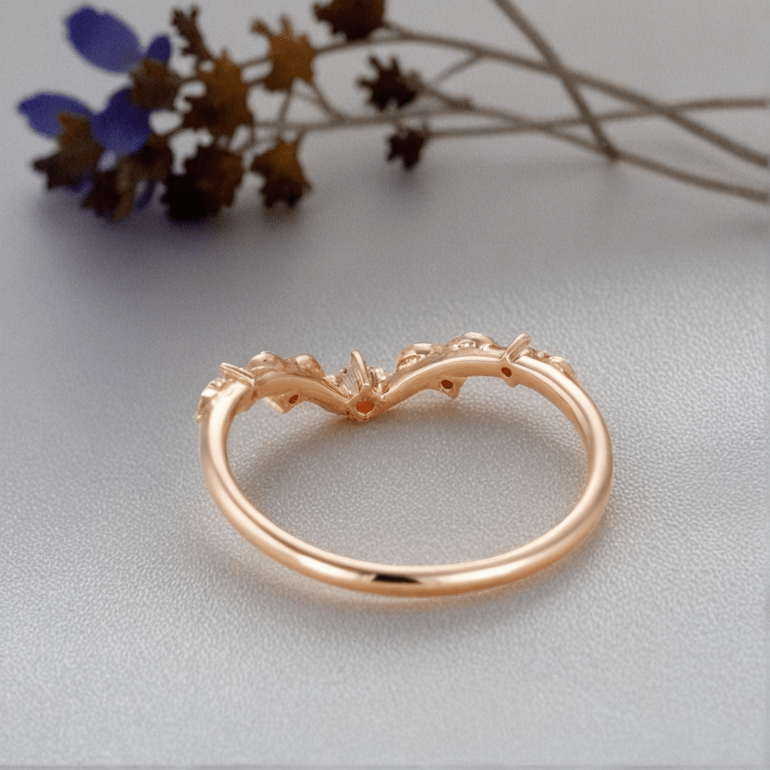 Unique Round Moissanite Wedding Band Art-deco Leaf Moissanite Engagement Ring - Oore Jewelry