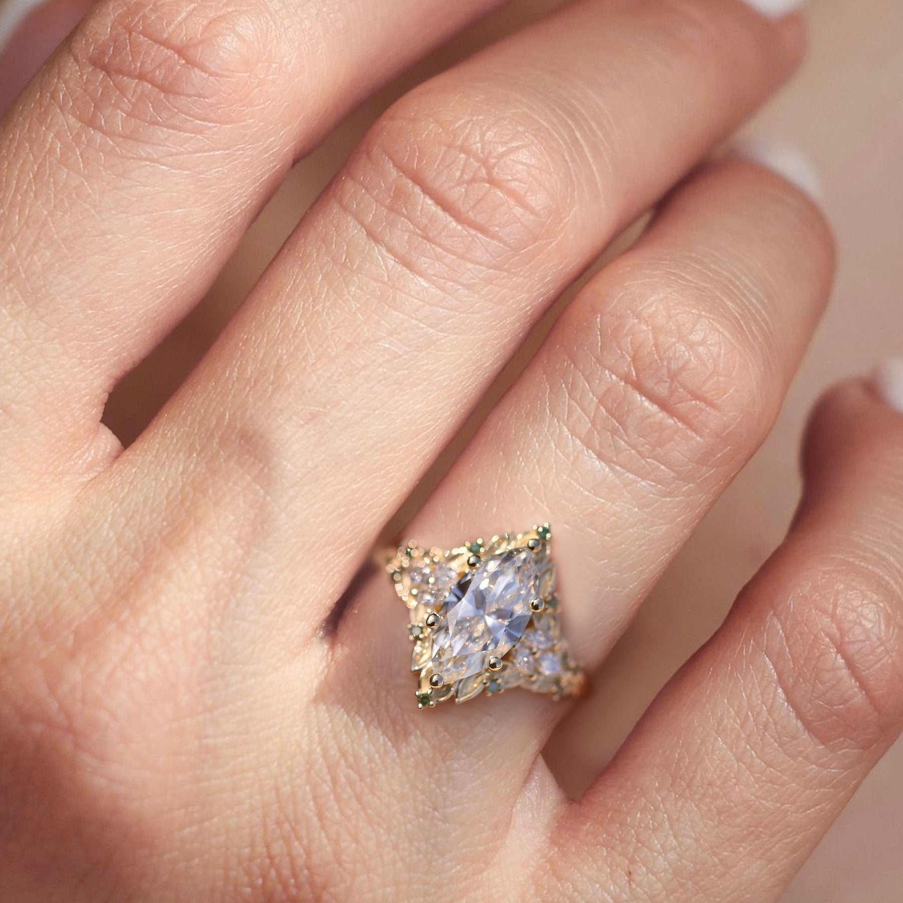 Unique Briar Rose Starlight Marquise Moissanite and Green Lab Sapphire Ring - Oore Jewelry