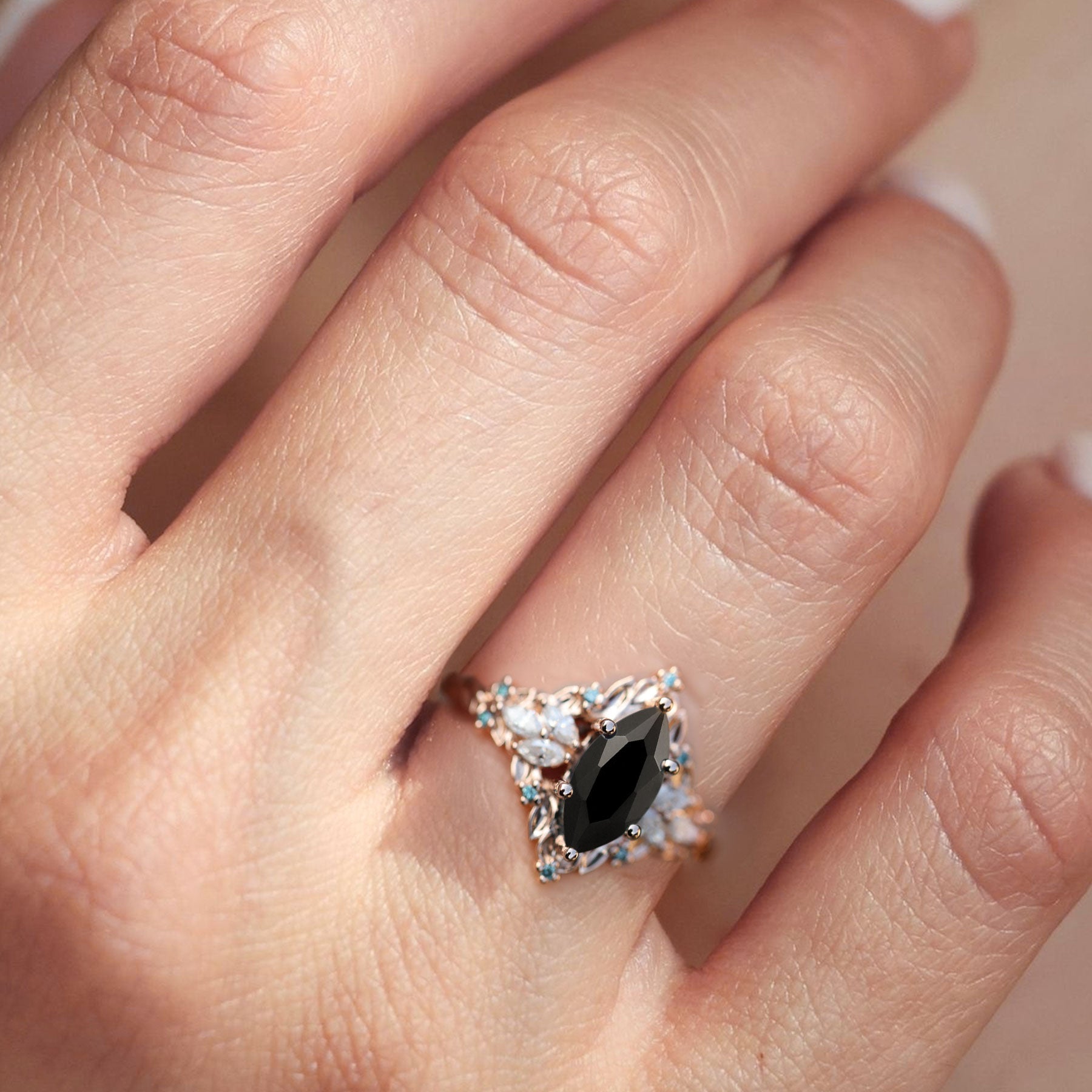 Unique Briar Rose Starlight Marquise Black Onyx Ring - Oore Jewelry