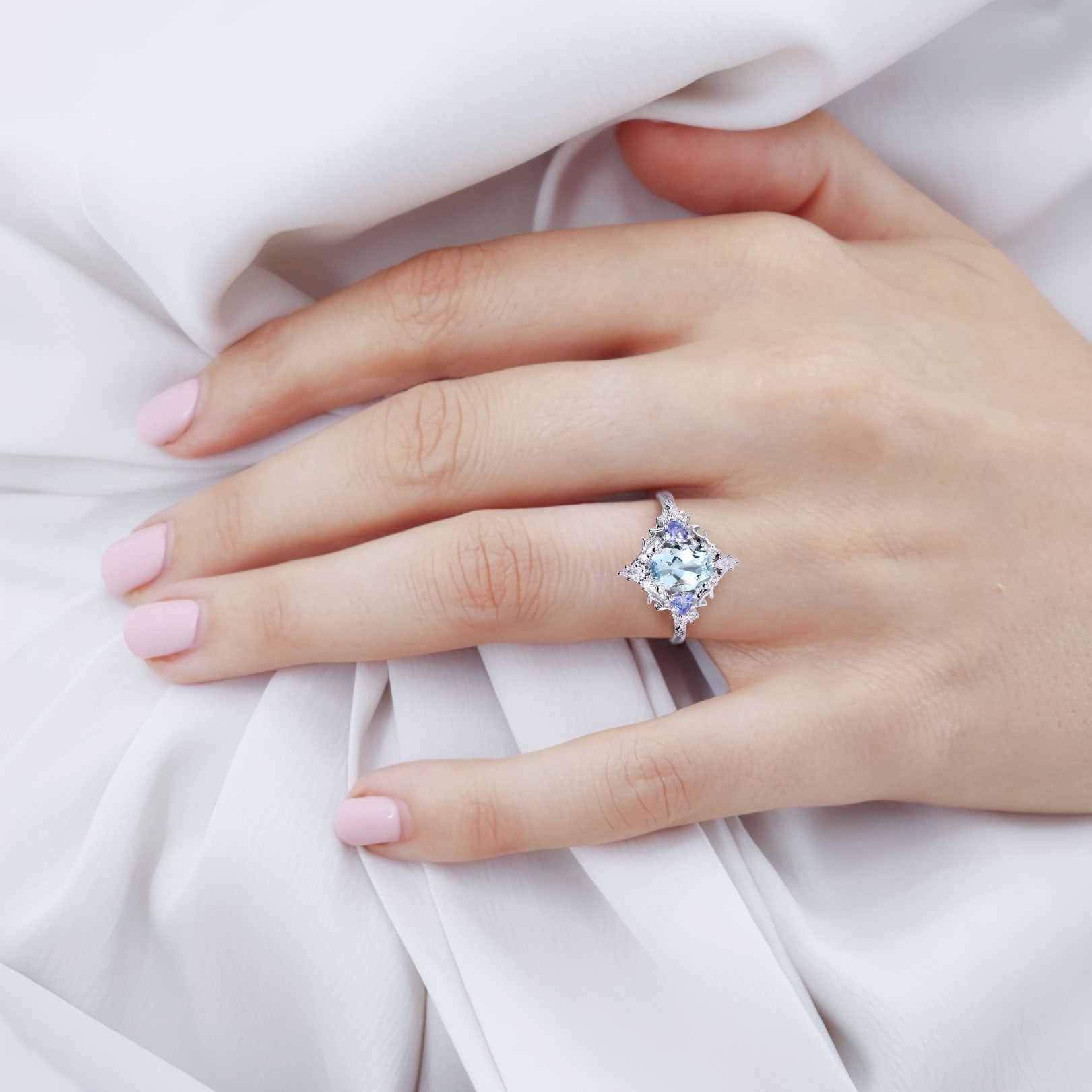 Vintage Briar Rose Oval Lab Aquamarine Engagement Ring Filigree Ring - Oore Jewelry