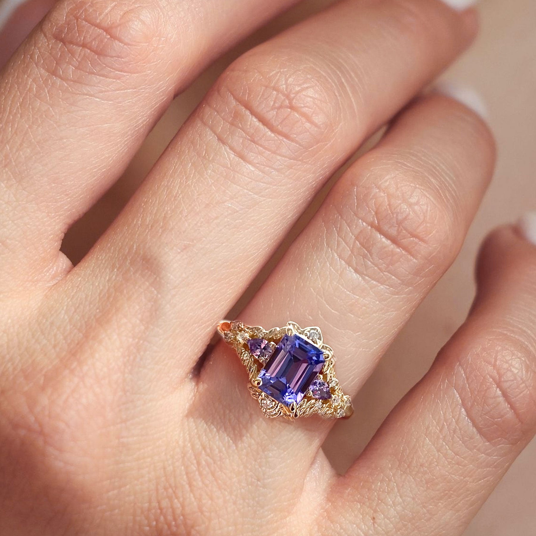 Vintage Emerald Cut Lab Tanzanite Engagement Ring Flower Wedding Ring - Oore Jewelry