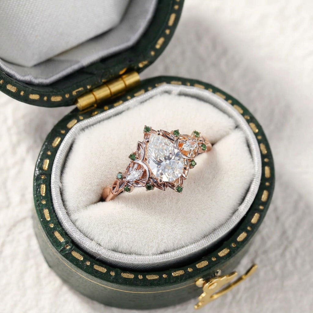Unique floral engagement rings Moon Three Stone Pear Moissanite Ring - Oore Jewelry