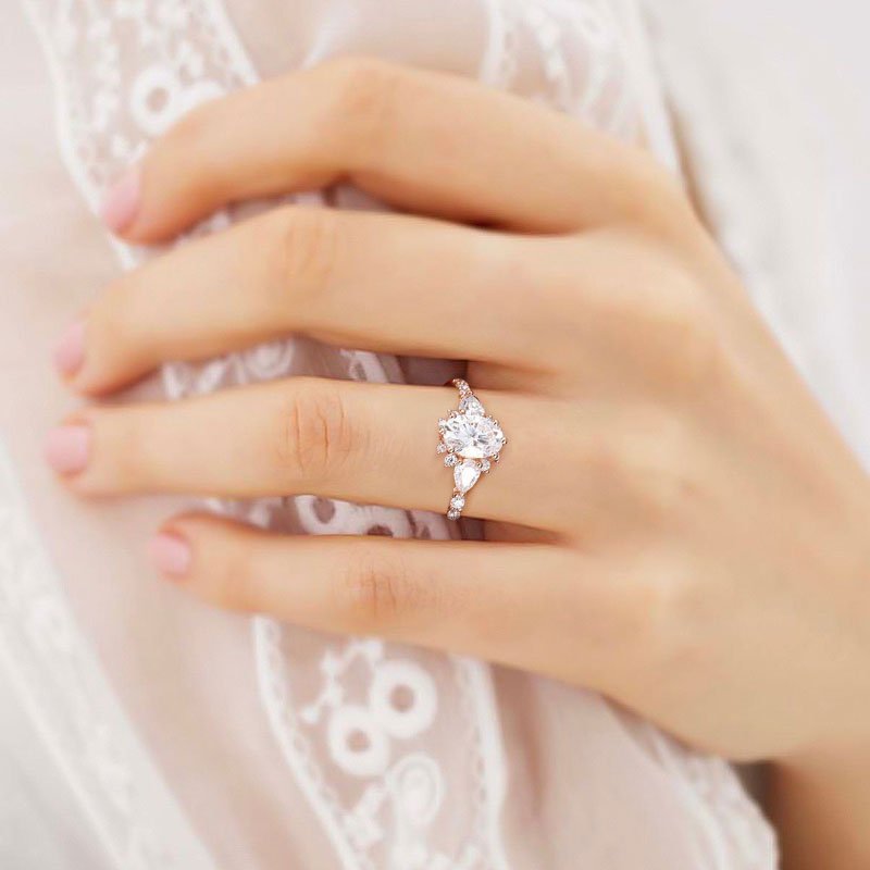 Unique Halo Oval Moissanite Engagement Ring Bridal Ring - Oore Jewelry