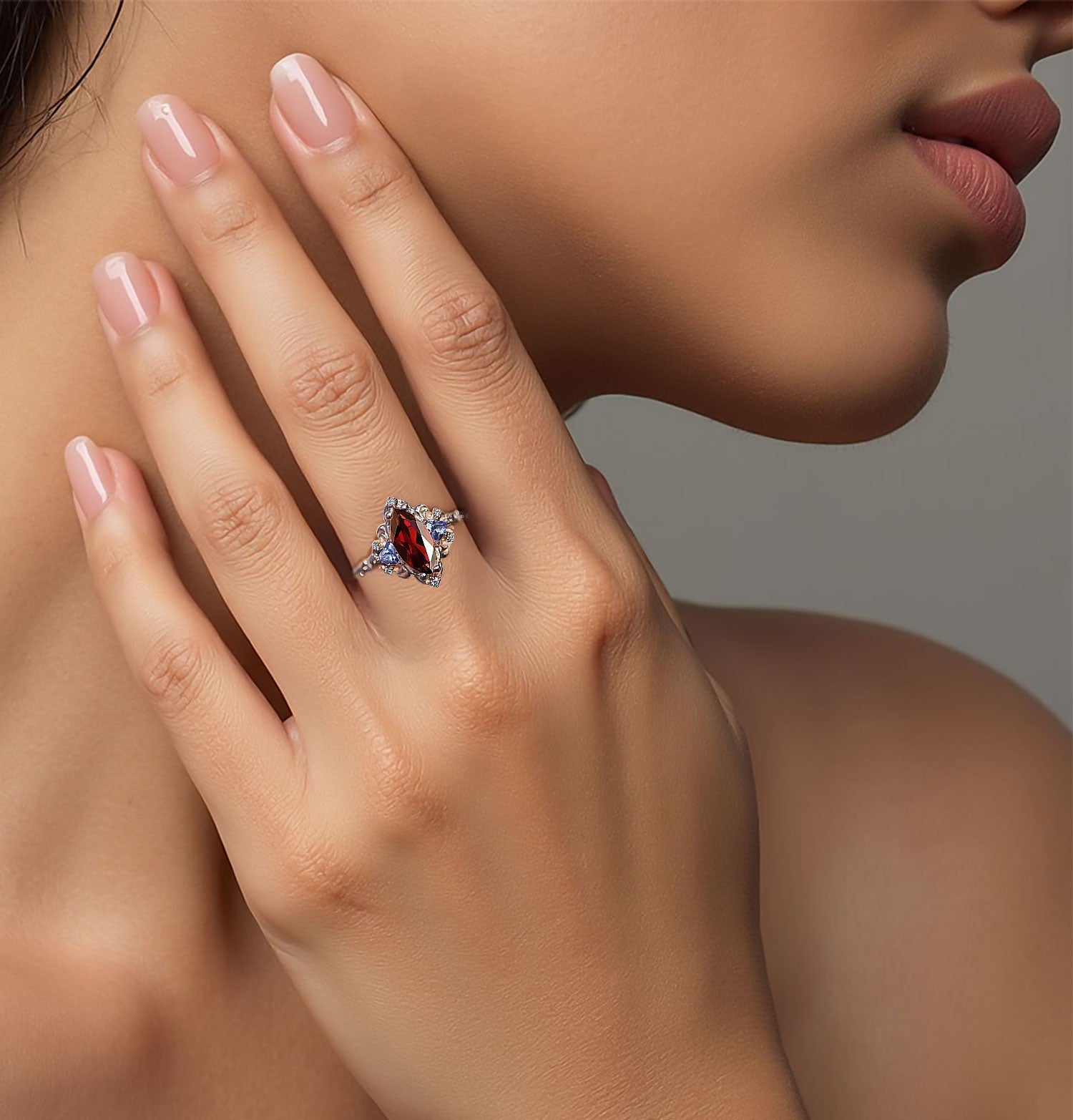 Unique Aurora Three Stone Marquise Garnet and Color Moissanite Anniversary Ring - Oore Jewelry