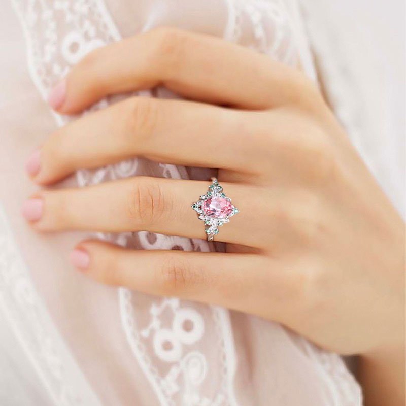 Vintage Briar Rose Oval Pink Lab Padparadscha Engagement Ring Olive Leaves Ring - Oore Jewelry