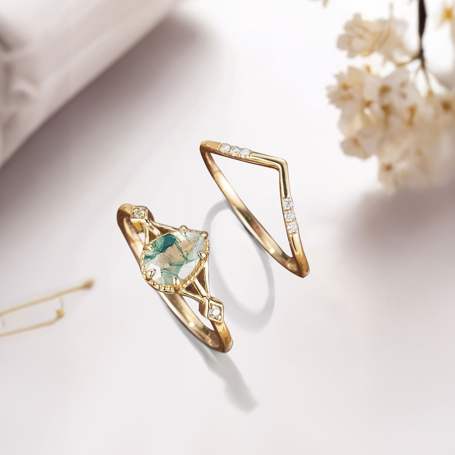 Unique Pear Moss Agate Bridal Ring Set - Oore Jewelry
