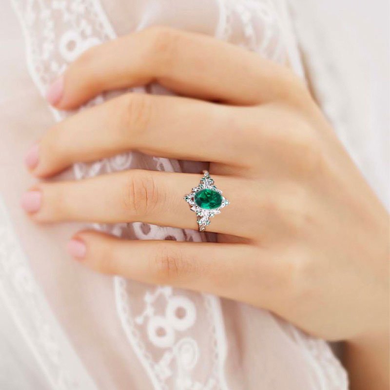 Vintage Briar Rose Halo Oval Lab Emerald Engagement Ring Olive Leaves Ring - Oore Jewelry