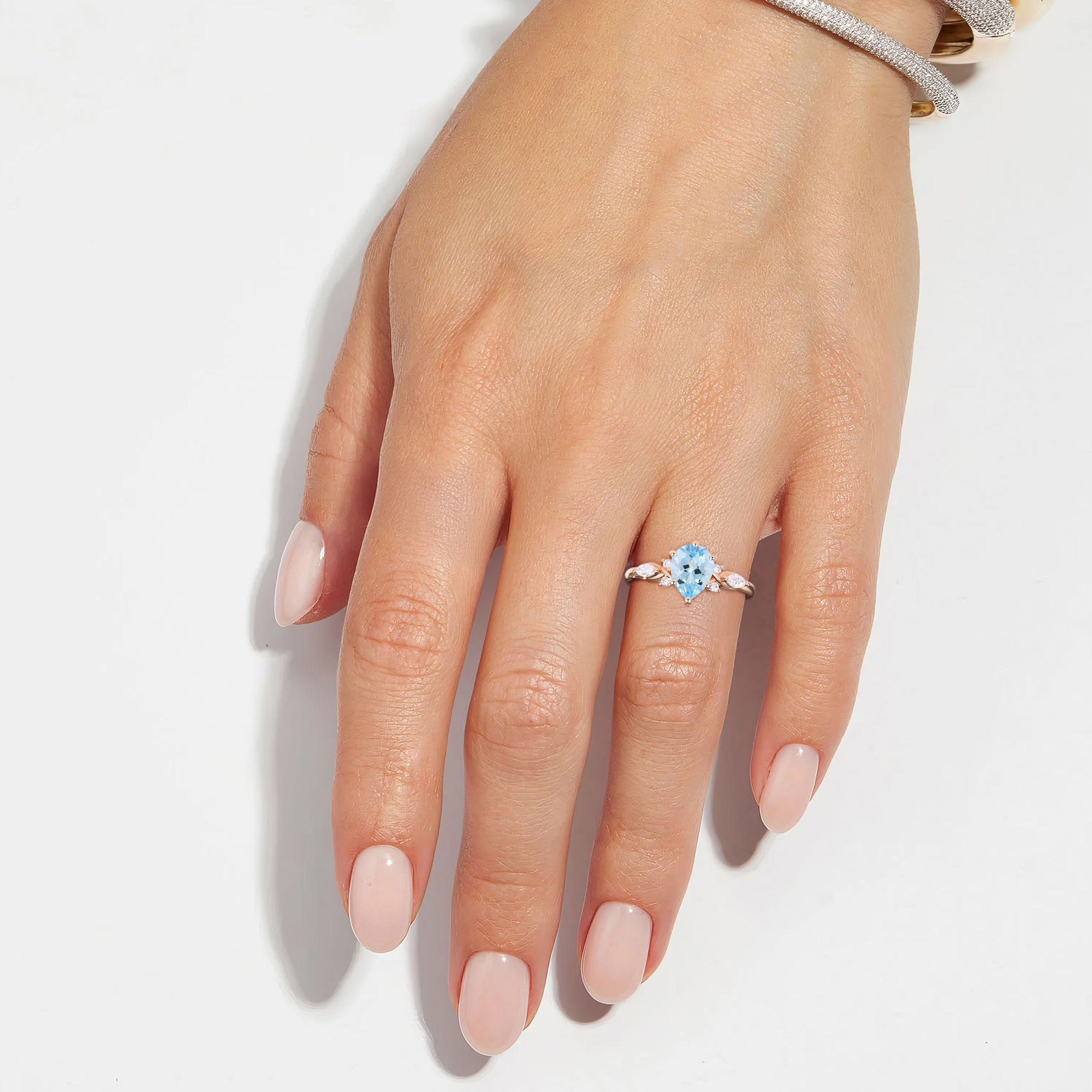 Vintage Pear Lab Aquamarine and Moissanite Split Shank Engagement Ring - Oore Jewelry