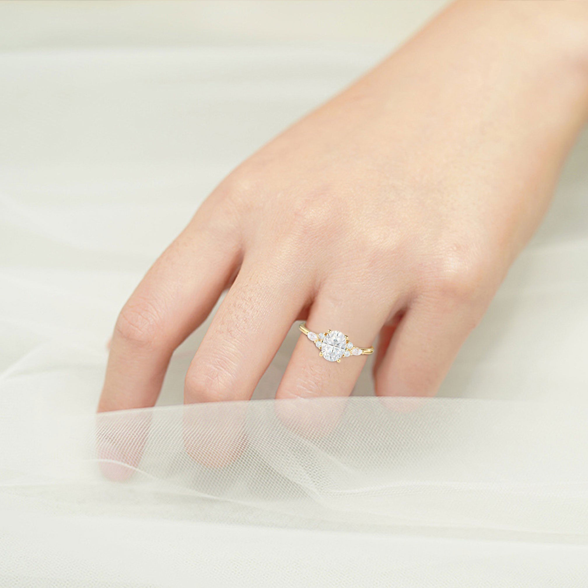 Vintage Oval Moissanite Engagement Ring Cluster Wedding Ring - Oore Jewelry