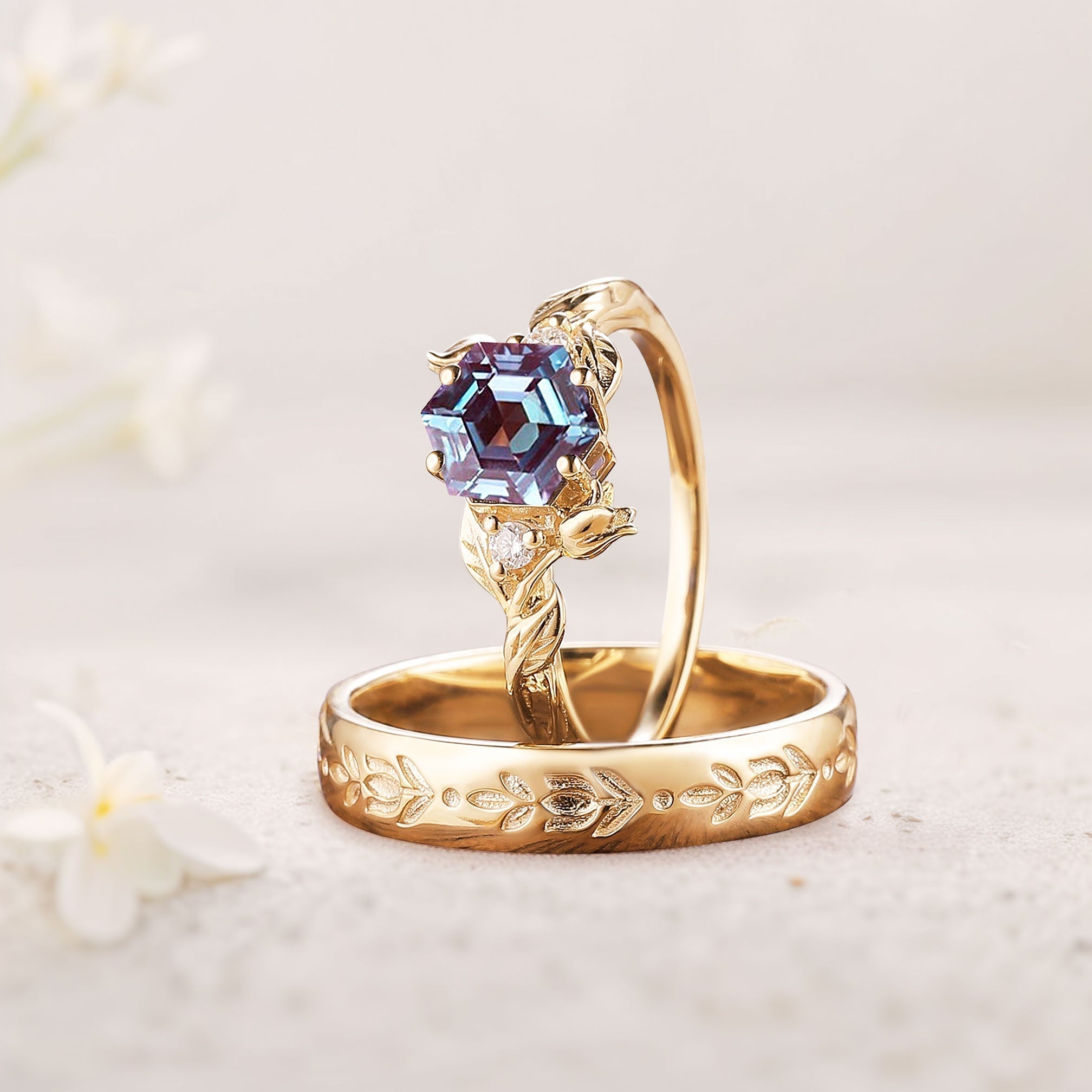 Unique Hexagon Lab Alexandrite Couple Promise Engagement Ring Set - Oore Jewelry