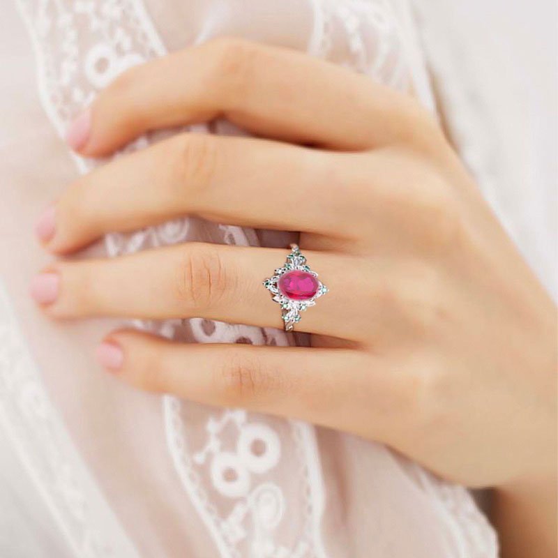 Vintage Briar Rose Oval Lab Ruby Engagement Ring Olive Leaves Ring - Oore Jewelry