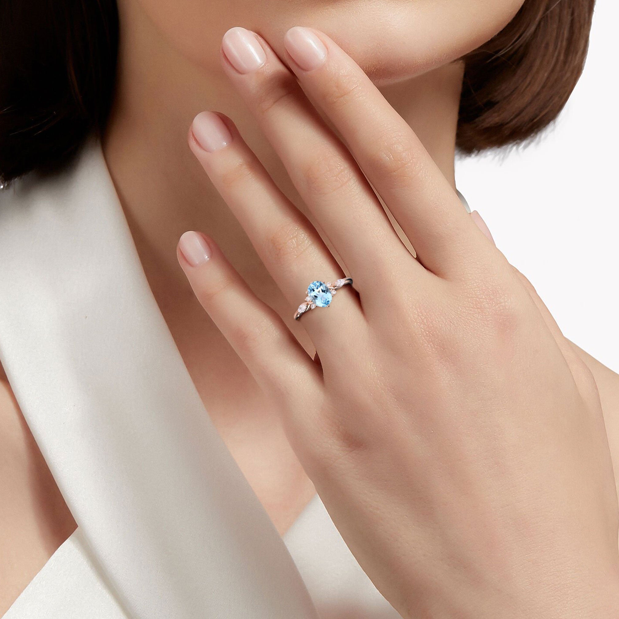 Vintage Oval Lab Aquamarine and Moissanite Split Shank Engagement Ring - Oore Jewelry