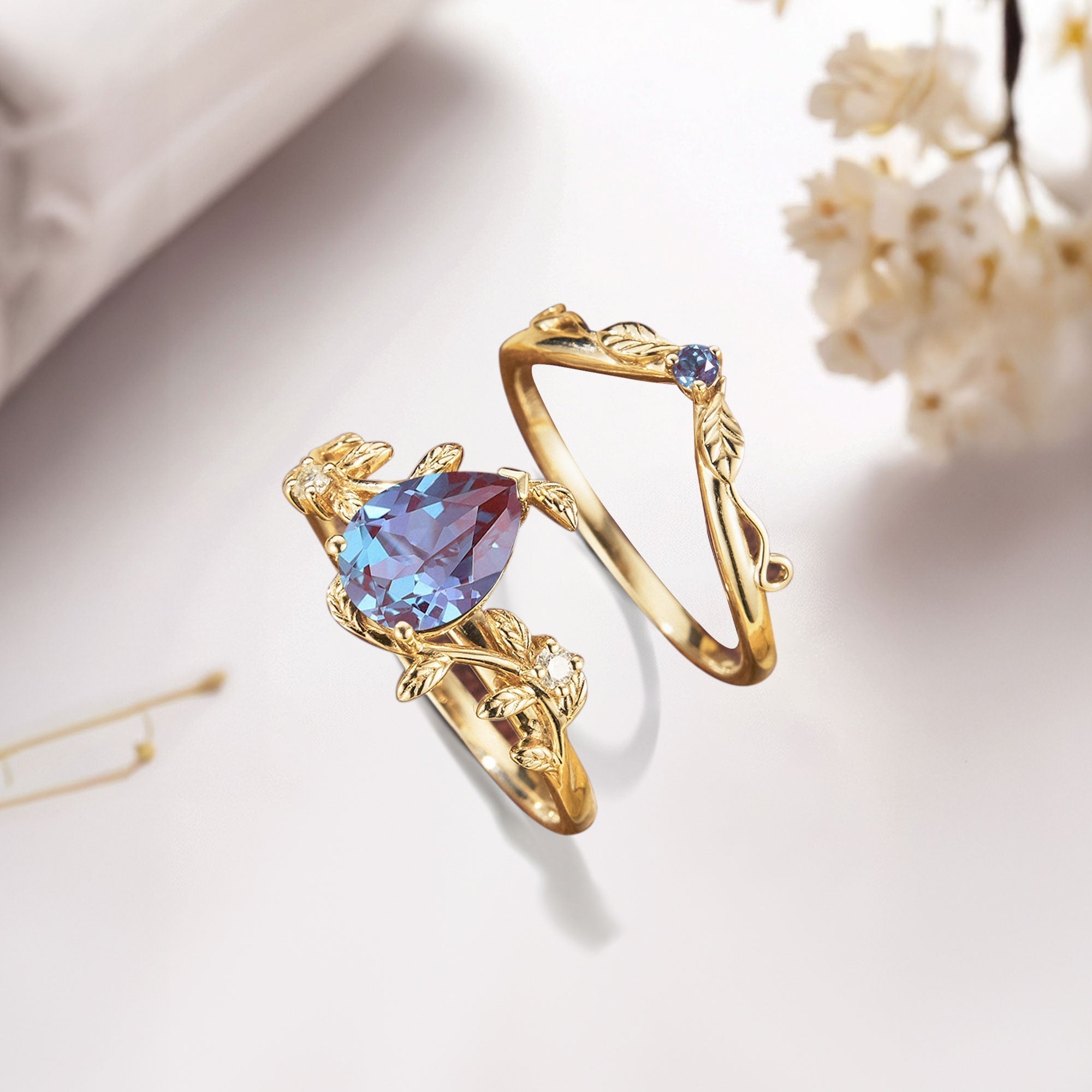 Unique Pear Lab Alexandrite Wedding Ring Set with Leaf Band - Oore Jewelry