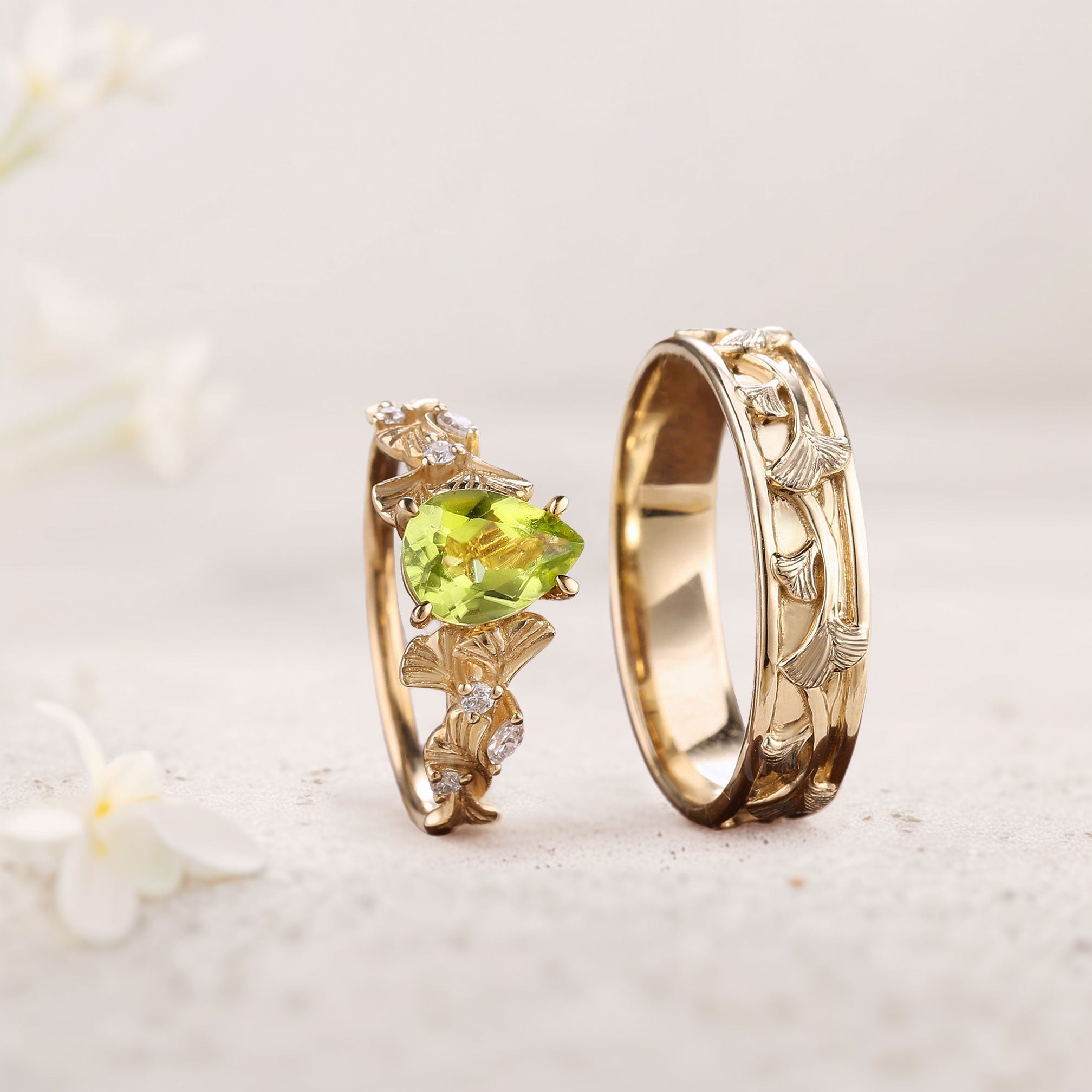 Unique Pear Citrine Couple Promise Engagement Ring Wedding Ring Set - Oore Jewelry