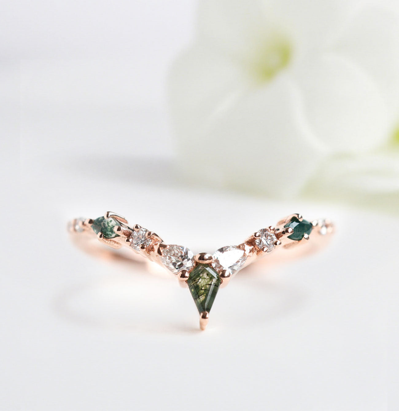 Unique Kite Moss Agate Engagement Ring Set - Oore Jewelry