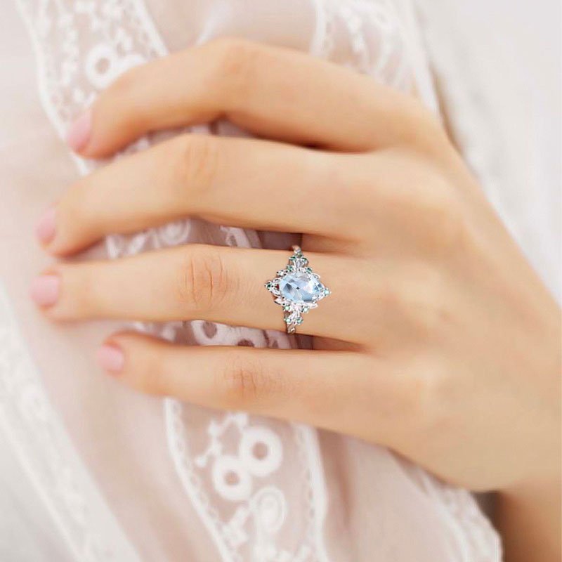 Vintage Briar Rose Oval Lab Aquamarine Engagement Ring Olive Leaves Ring - Oore Jewelry