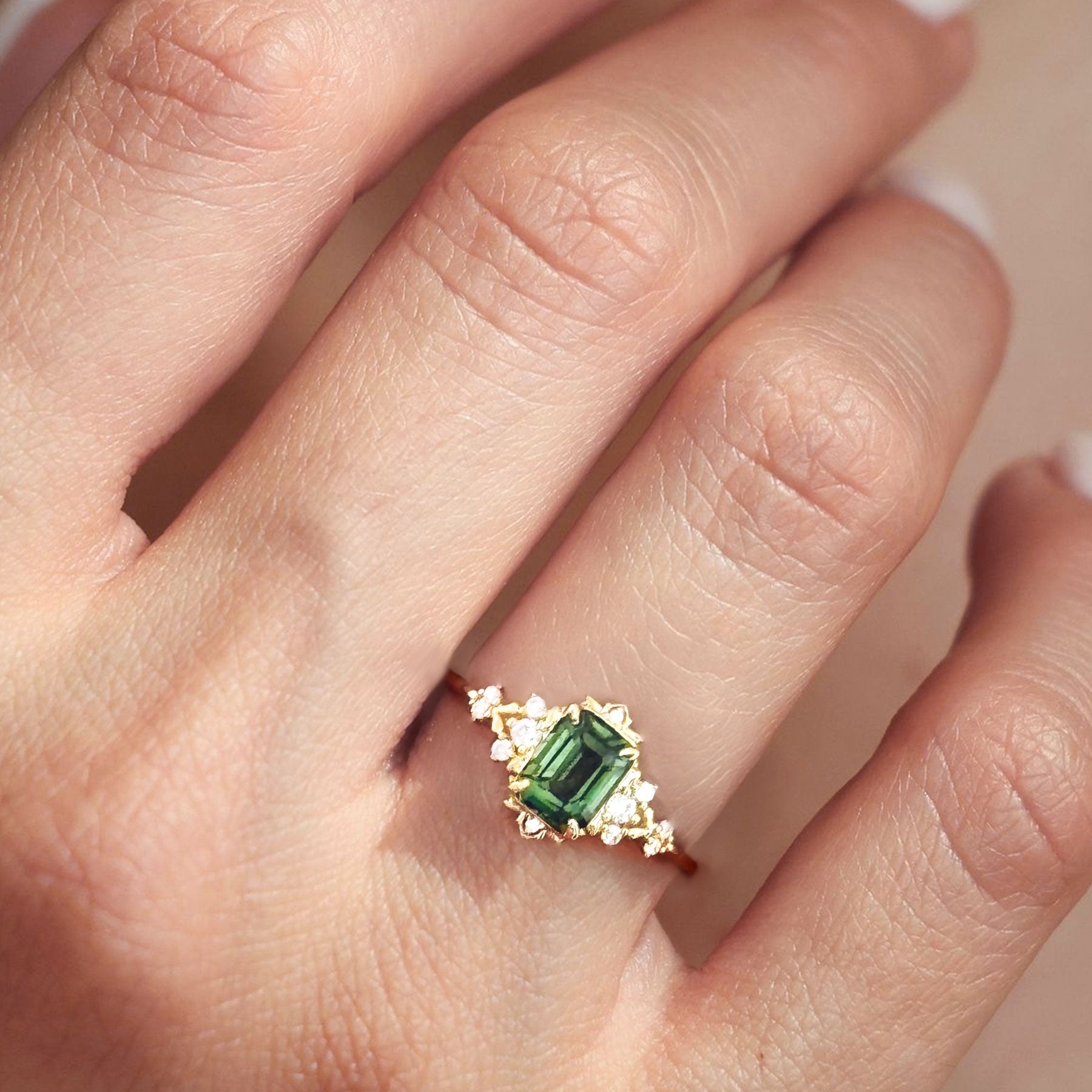 Vintage Fantasy Inspired Emerald Cut Green Lab Sapphire Engagement Ring - Oore Jewelry