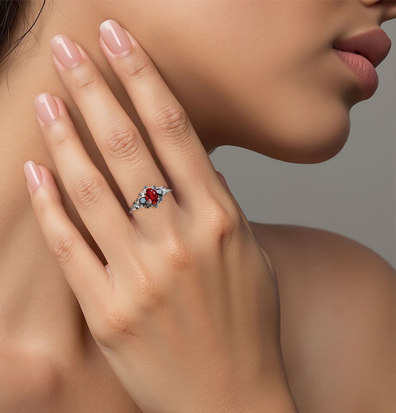 Unique Briar Rose Three Stone Oval Garnet and Black Moissanite Anniversary Ring - Oore Jewelry