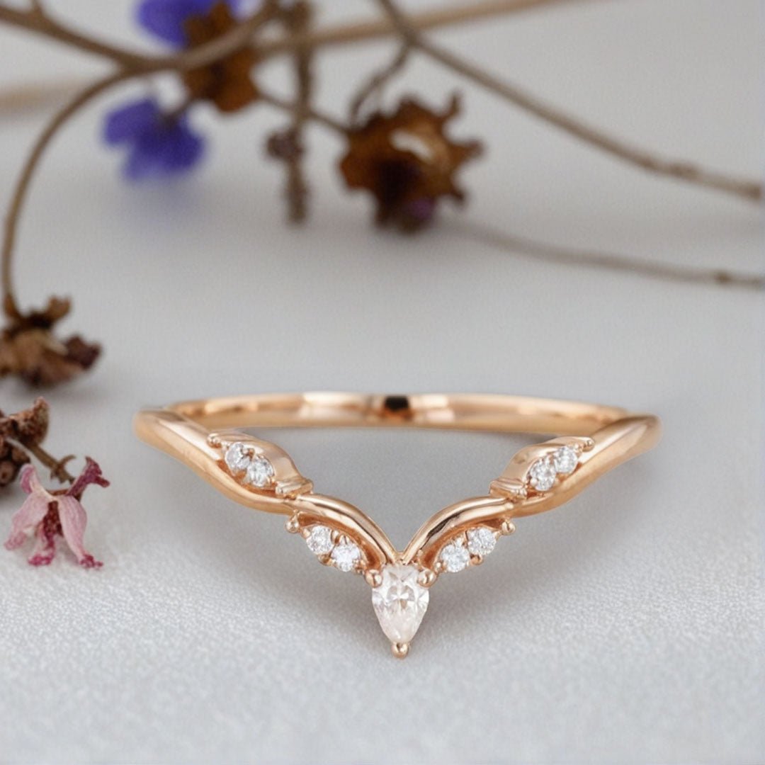 Unique Pear Moissanite Wedding Band Leaf Moissanite Engagement Ring - Oore Jewelry