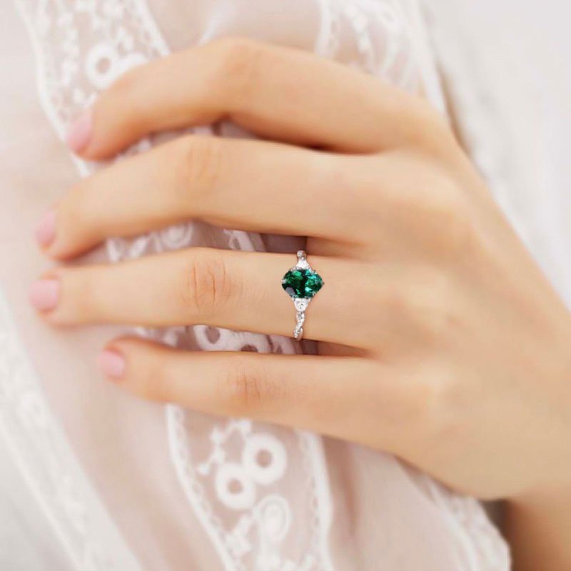 Unique Three Stone Oval Lab Emerald Ring Engagement Ring - Oore Jewelry