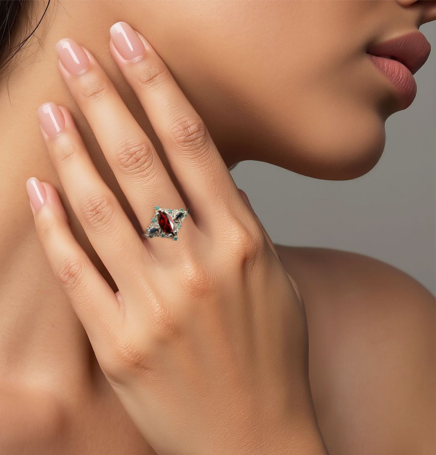 Unique Briar Moon Three Stone Marquise Garnet and Lab Emerald Ring - Oore Jewelry