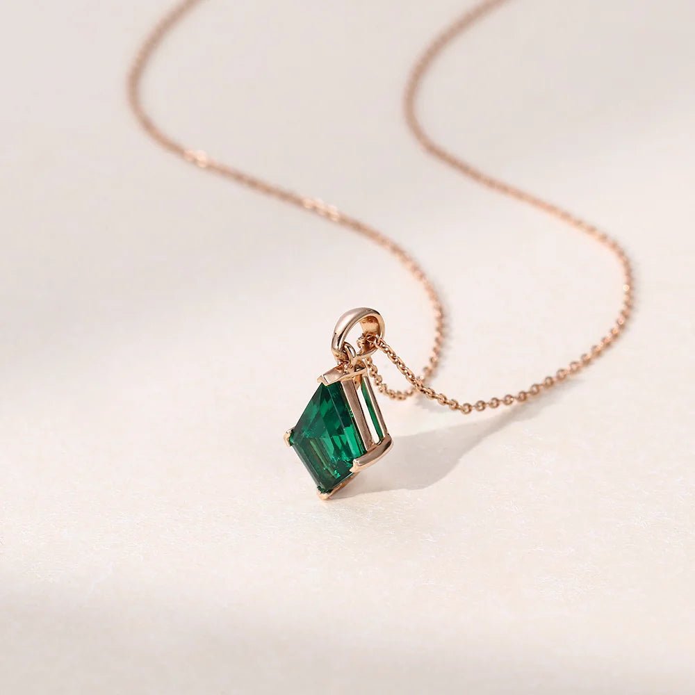 Minimalist Kite Cut Lab Emerald Solitaire Pendant Necklace - Oore Jewelry