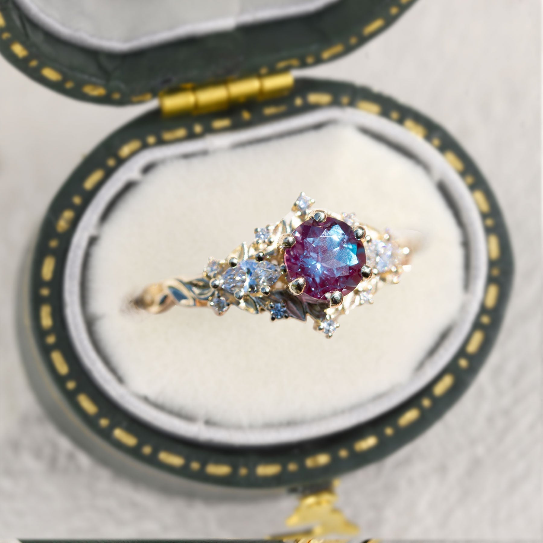 Unique Briar Rose Three Stone Round Lab Alexandrite Ring - Oore Jewelry